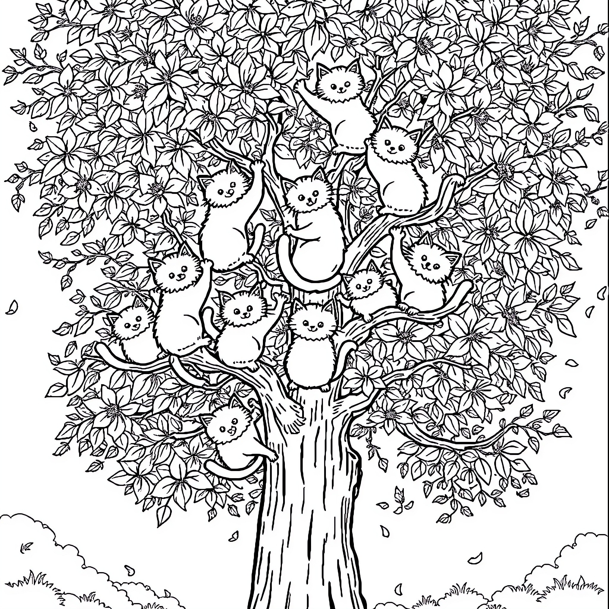 Cat tree with feline friends amidst nature Coloring Page (free black-and-white line drawing printable PDF for all, from beginners to advanced learners, including children, teens, adults, and seniors)