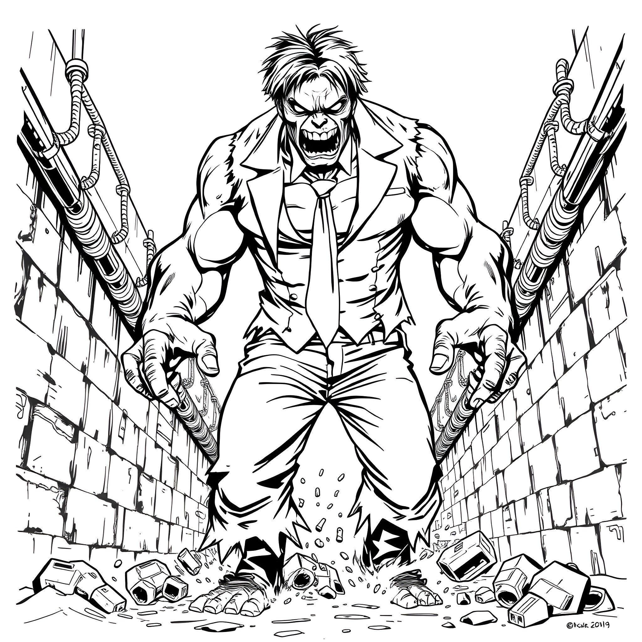 Zombie Hulk Rampaging Through City Ruins Coloring Page (free black-and-white line drawing printable PDF for all, from beginners to advanced learners, including children, teens, adults, and seniors)