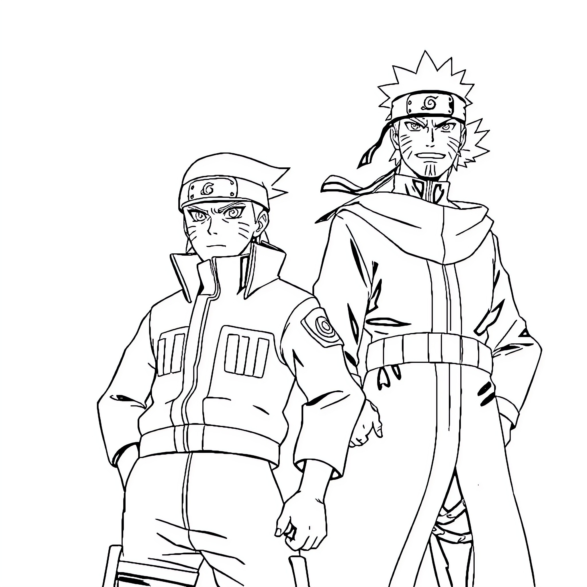 Naruto characters in ninja uniforms and poses Coloring Page (free black-and-white line drawing printable PDF for all, from beginners to advanced learners, including children, teens, adults, and seniors)