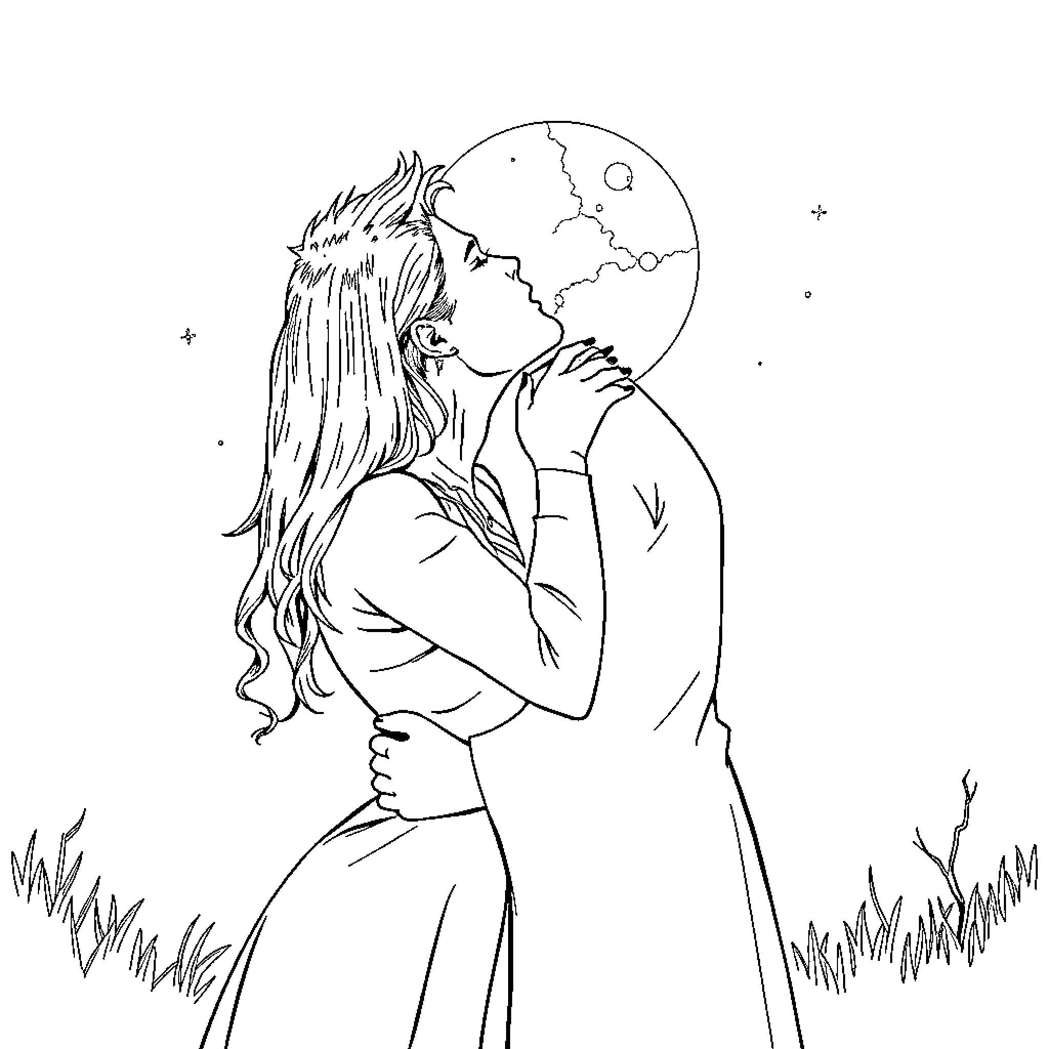 Buffy gazing at the moon under the starry night Coloring Page (free black-and-white line drawing printable PDF for all, from beginners to advanced learners, including children, teens, adults, and seniors)