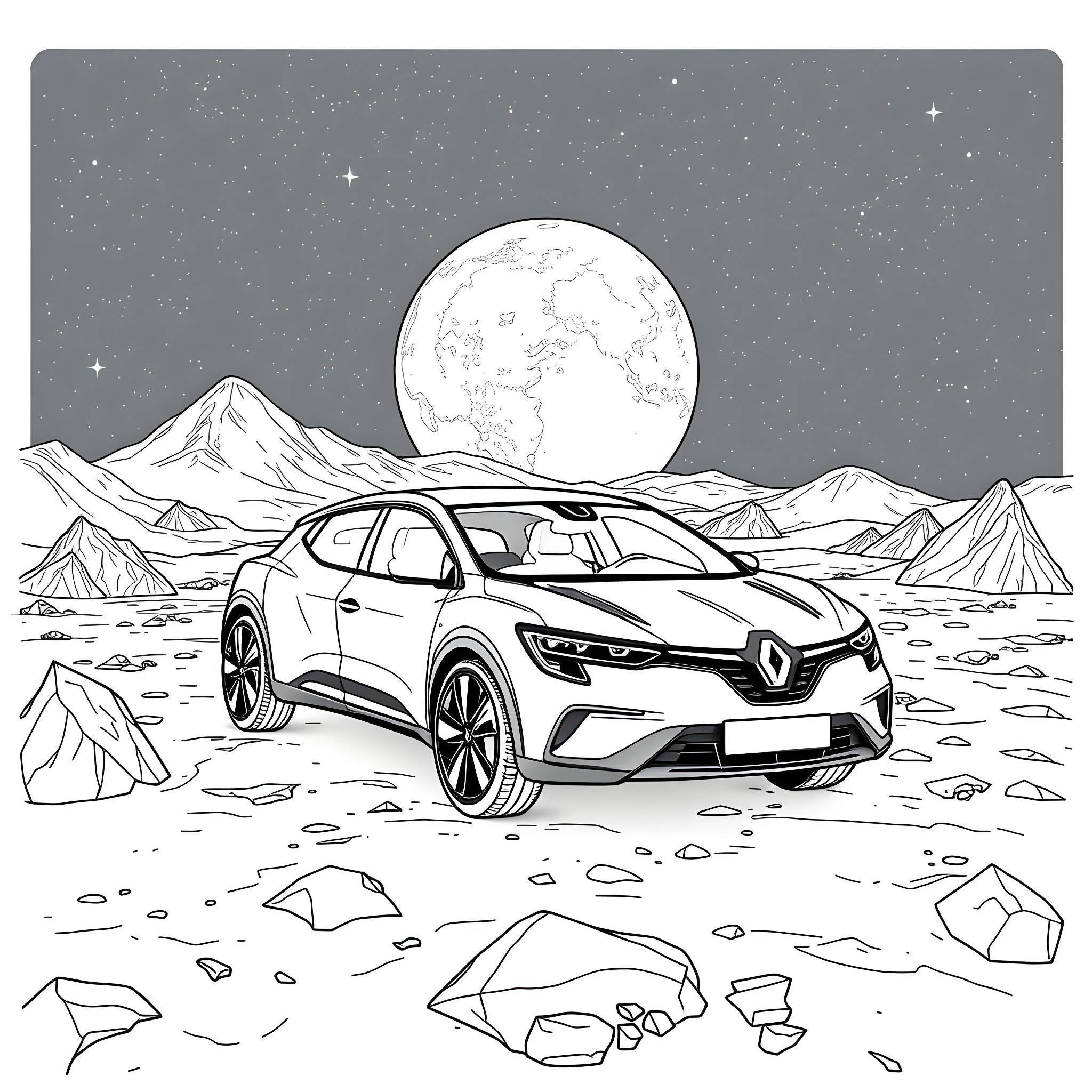 Renault SUV on the Lunar Landscape Coloring Page (free black-and-white line drawing printable PDF for all, from beginners to advanced learners, including children, teens, adults, and seniors)