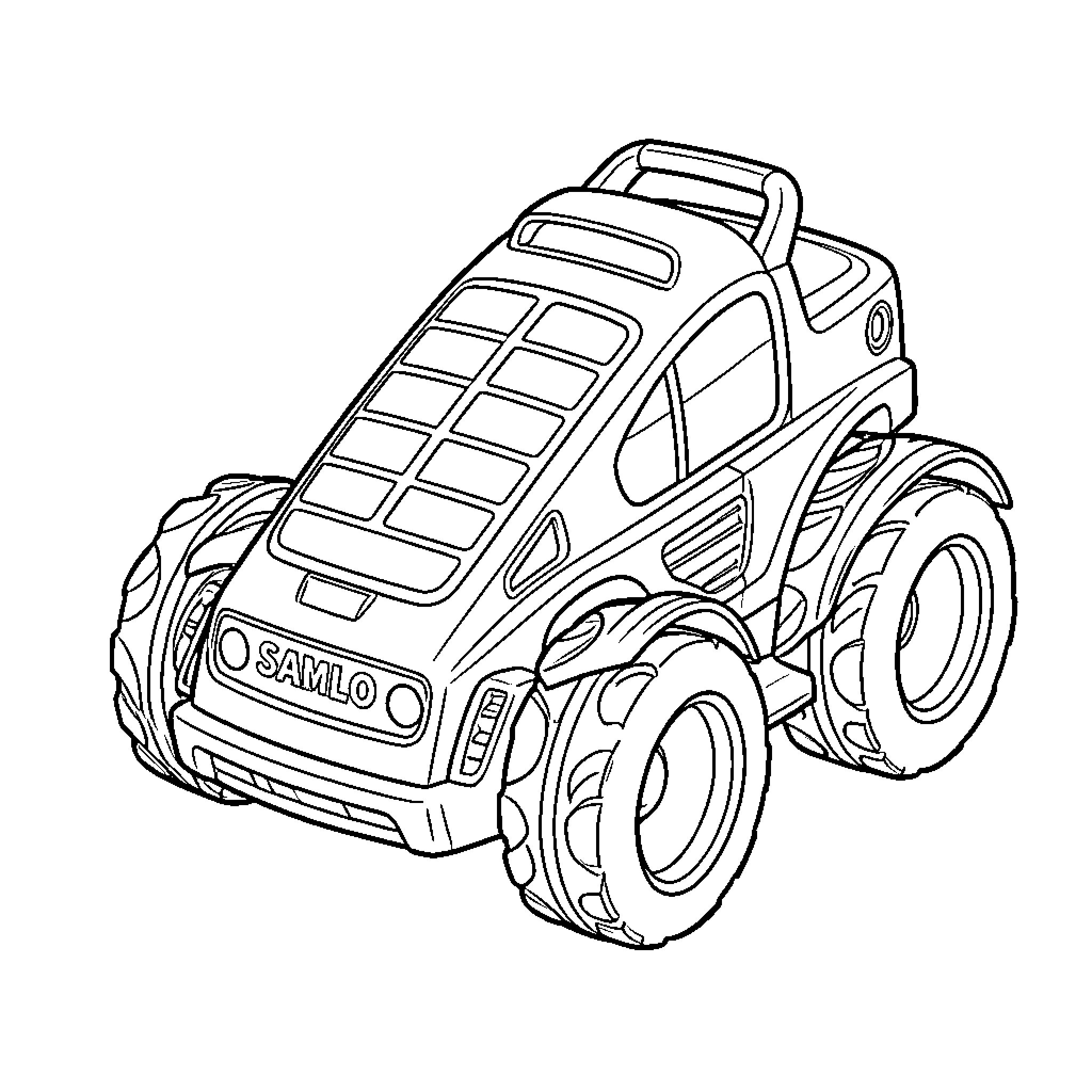Samlo's Rugged Off-Road Utility Vehicle Coloring Page (free black-and-white line drawing printable PDF for all, from beginners to advanced learners, including children, teens, adults, and seniors)