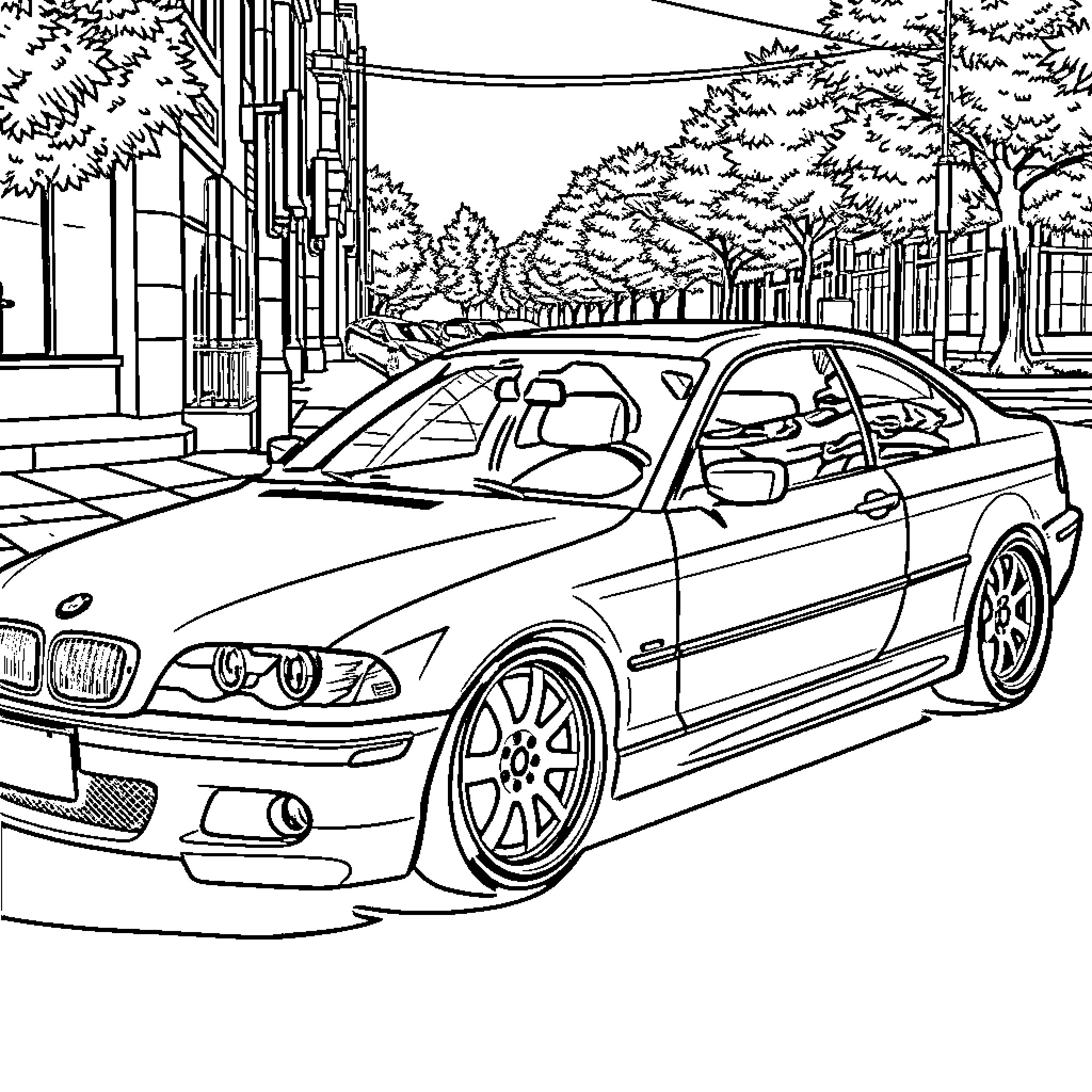 BMW sports car driving through urban landscape Coloring Page (free black-and-white line drawing printable PDF for all, from beginners to advanced learners, including children, teens, adults, and seniors)