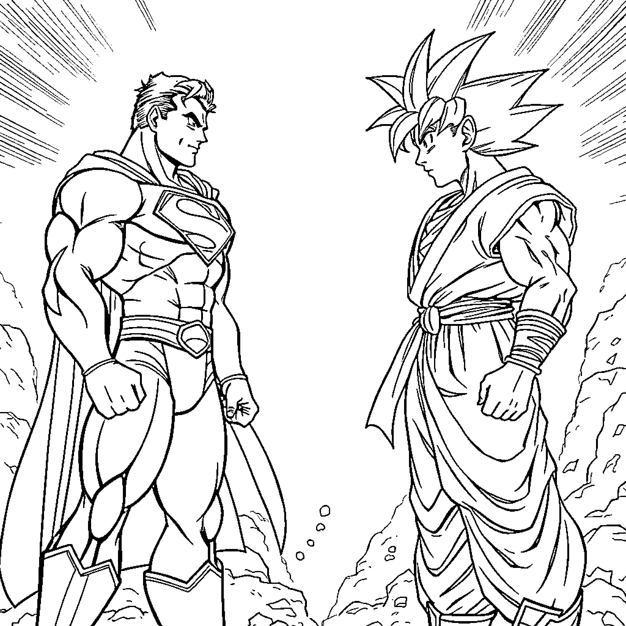 Superman and Goku facing off in an intense standoff Coloring Page (free black-and-white line drawing printable PDF for all, from beginners to advanced learners, including children, teens, adults, and seniors)