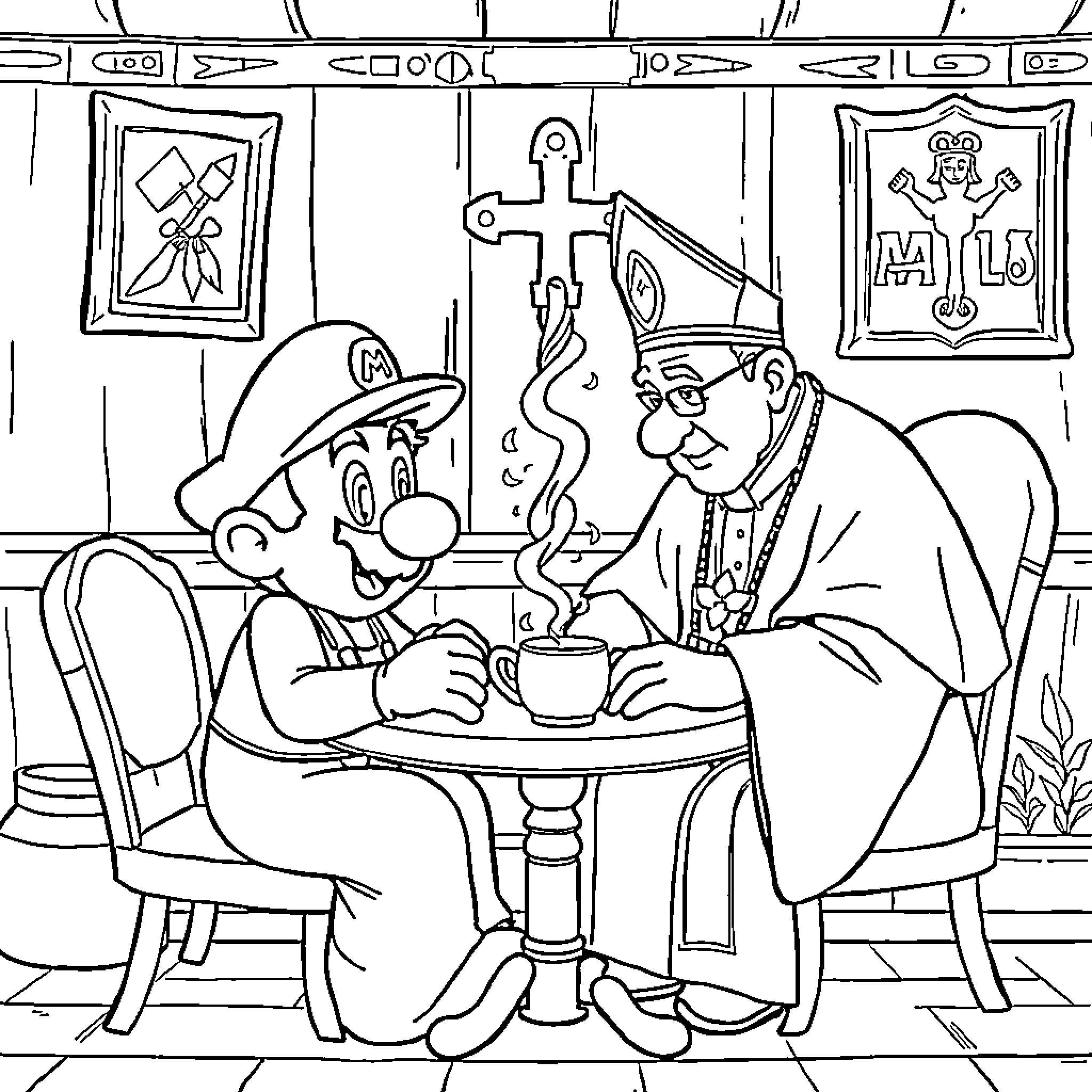 Mario Meets the Church Priest in Cozy Conversation Coloring Page (free black-and-white line drawing printable PDF for all, from beginners to advanced learners, including children, teens, adults, and seniors)