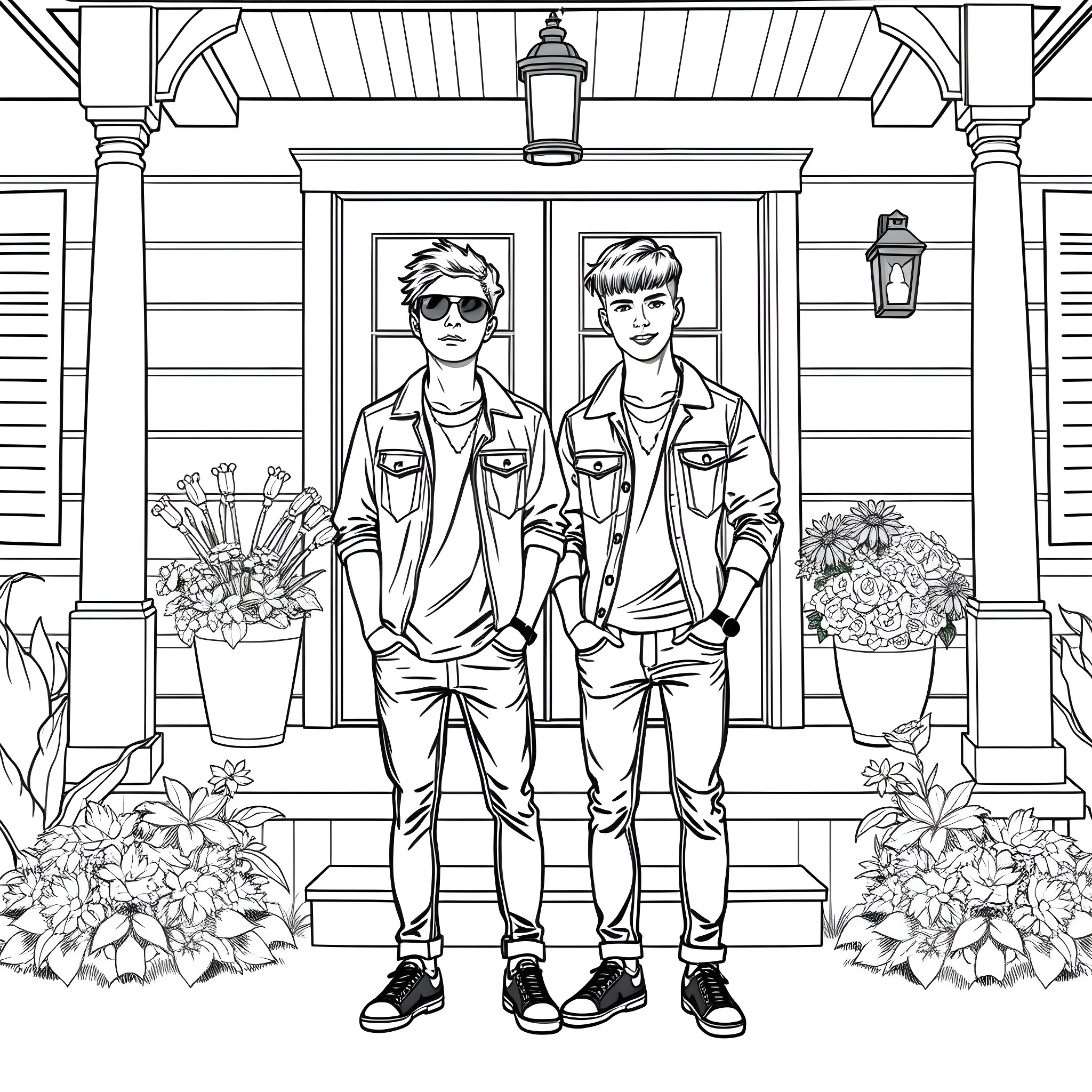 Teen Guys in Casual Outfits on Porch Coloring Page (free black-and-white line drawing printable PDF for all, from beginners to advanced learners, including children, teens, adults, and seniors)