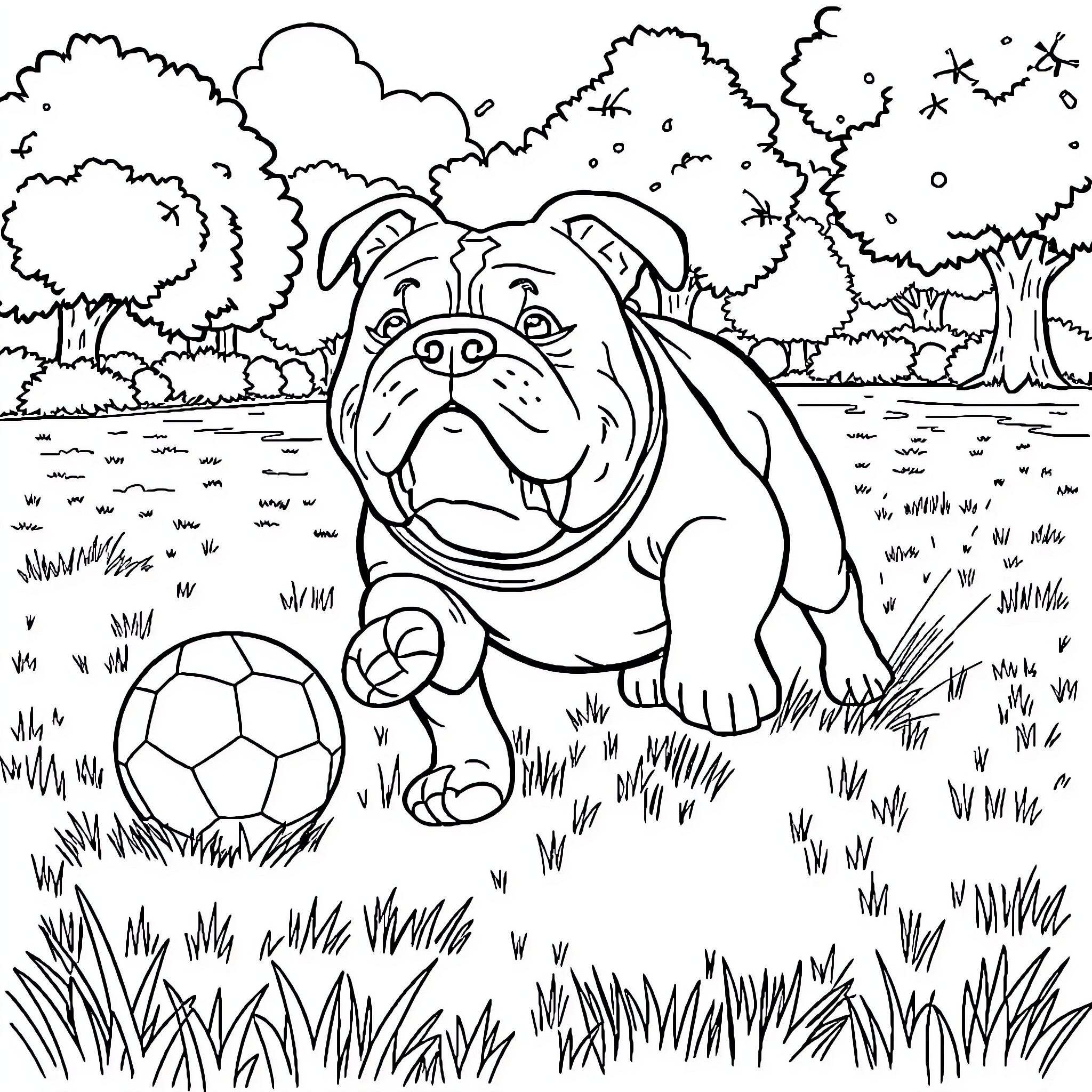 Bulldog happily playing with soccer ball in the park Coloring Page (free black-and-white line drawing printable PDF for all, from beginners to advanced learners, including children, teens, adults, and seniors)