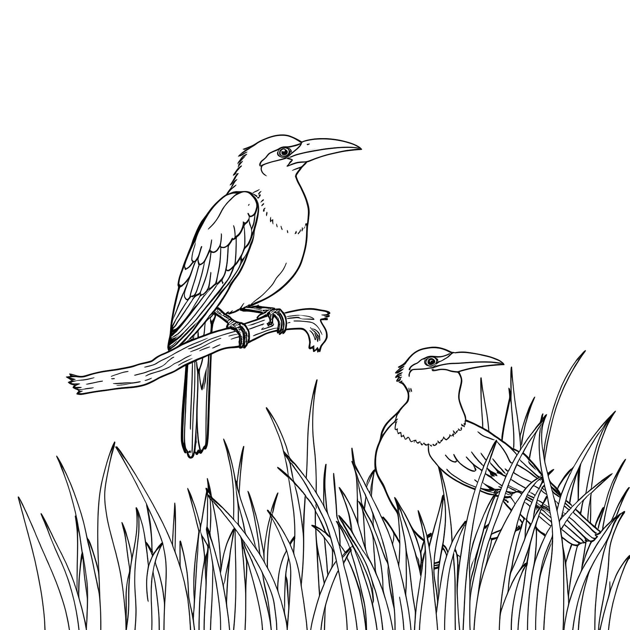 Cyanocorax Yncas perched on branches in the wild Coloring Page (free black-and-white line drawing printable PDF for all, from beginners to advanced learners, including children, teens, adults, and seniors)