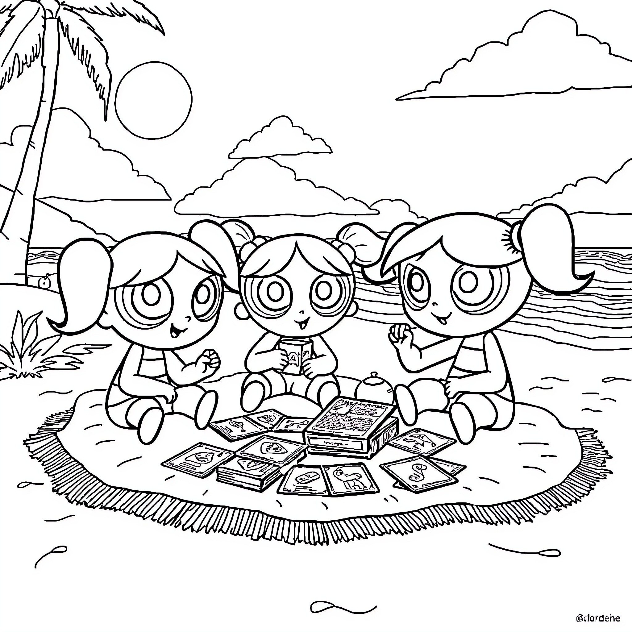 Powerpuff Girls Enjoying Picnic on the Beach Coloring Page (free black-and-white line drawing printable PDF for all, from beginners to advanced learners, including children, teens, adults, and seniors)