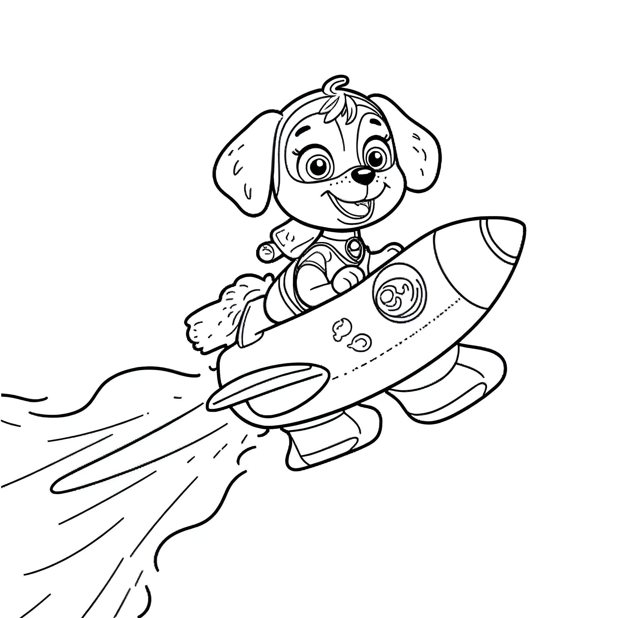Skye flying on a rocket ship Coloring Page (free black-and-white line drawing printable PDF for all, from beginners to advanced learners, including children, teens, adults, and seniors)