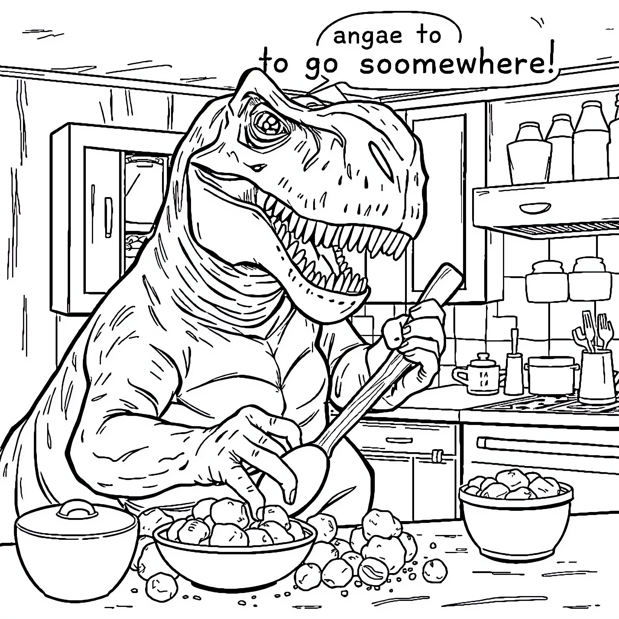 T-Rex searching for snack in the kitchen Coloring Page (free black-and-white line drawing printable PDF for all, from beginners to advanced learners, including children, teens, adults, and seniors)