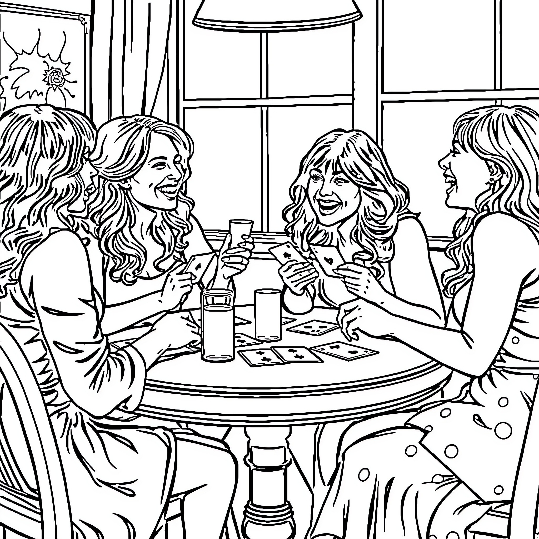 Spice Girls Enjoy Lively Gathering with Drinks and Conversation Coloring Page (free black-and-white line drawing printable PDF for all, from beginners to advanced learners, including children, teens, adults, and seniors)