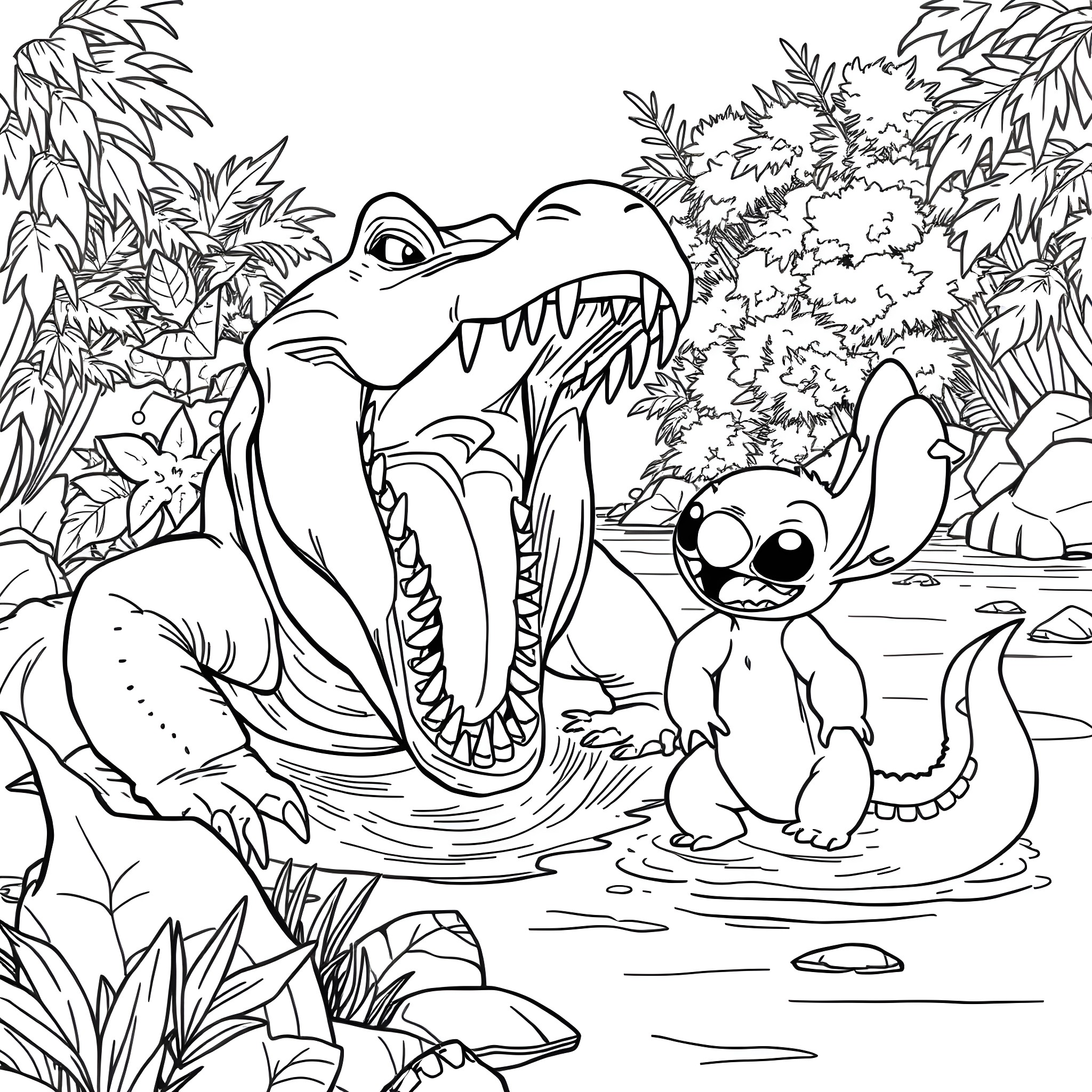 Crocodile and cute creature encounter in jungle Coloring Page (free black-and-white line drawing printable PDF for all, from beginners to advanced learners, including children, teens, adults, and seniors)