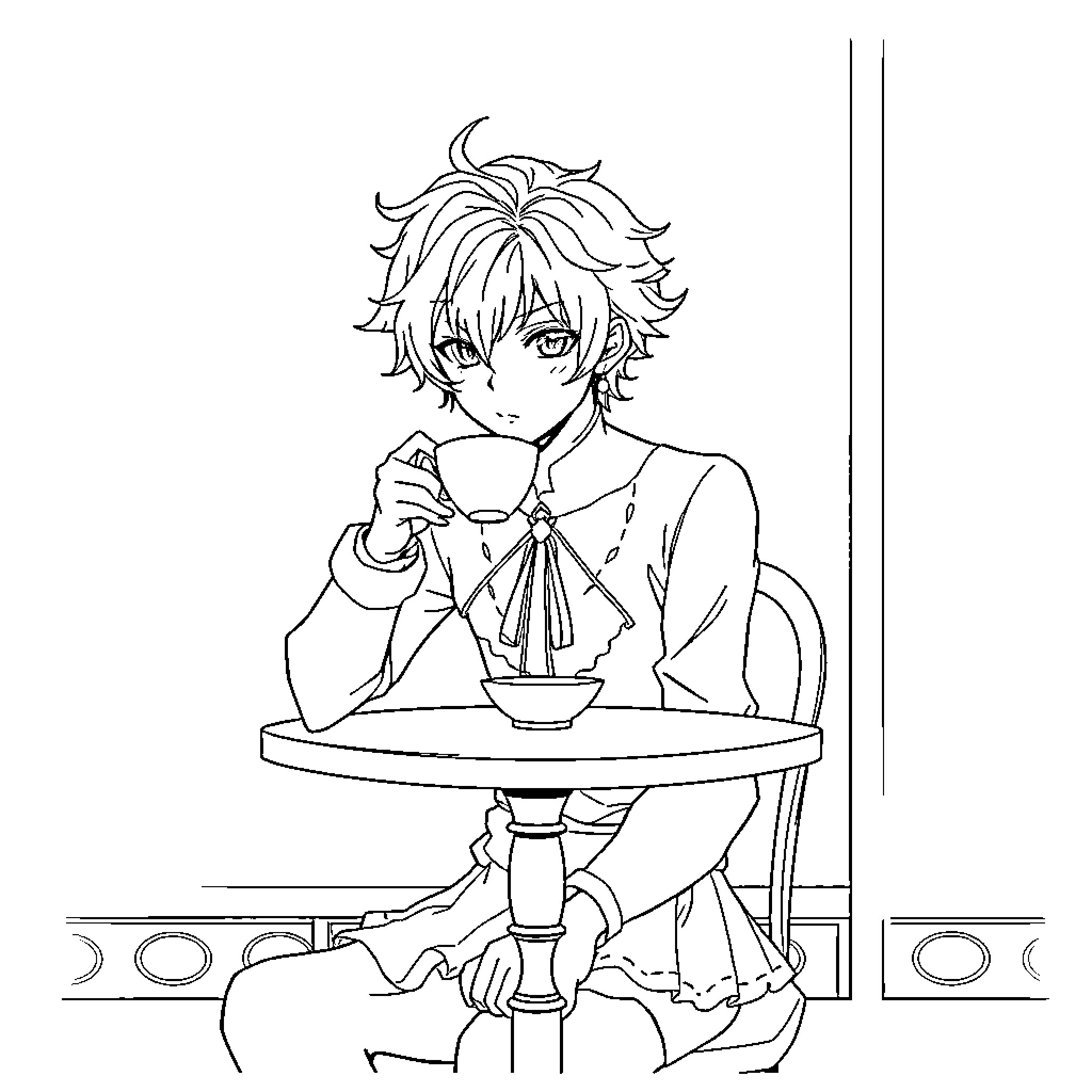 Hisoka enjoying a warm beverage in a cozy setting Coloring Page (free black-and-white line drawing printable PDF for all, from beginners to advanced learners, including children, teens, adults, and seniors)
