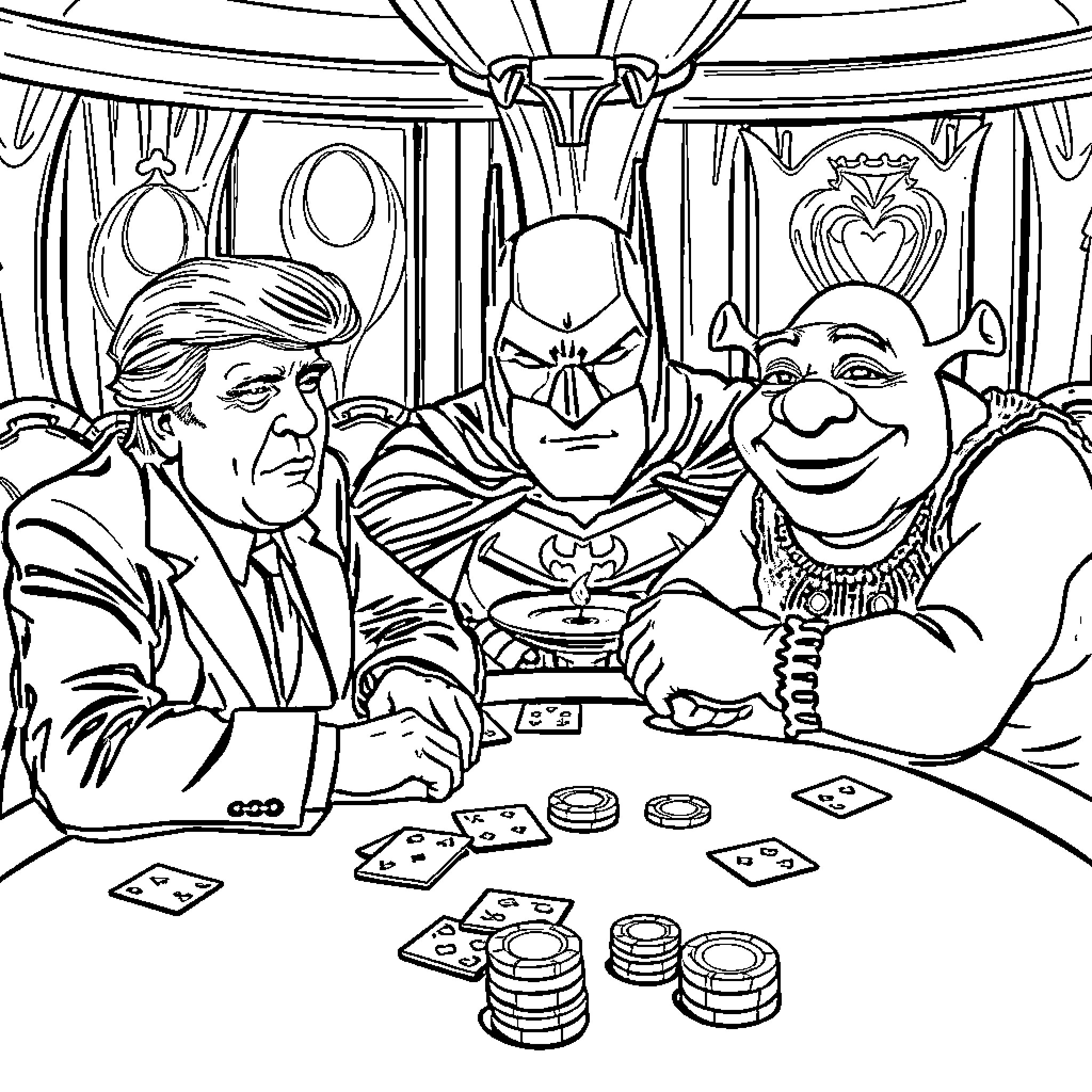 Donald Trump Playing Cards with Batman and Joker Coloring Page (free black-and-white line drawing printable PDF for all, from beginners to advanced learners, including children, teens, adults, and seniors)