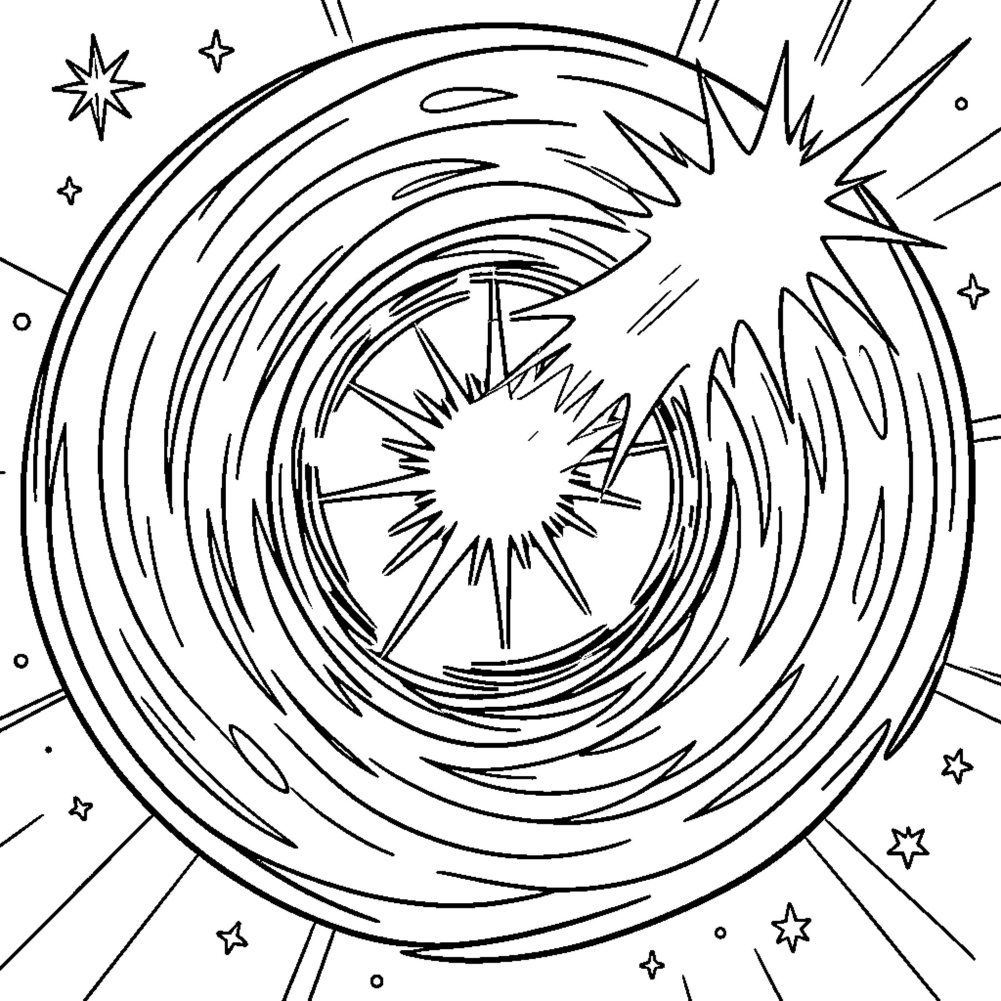 Trou Noir swirling cosmic energy and bright stars Coloring Page (free black-and-white line drawing printable PDF for all, from beginners to advanced learners, including children, teens, adults, and seniors)