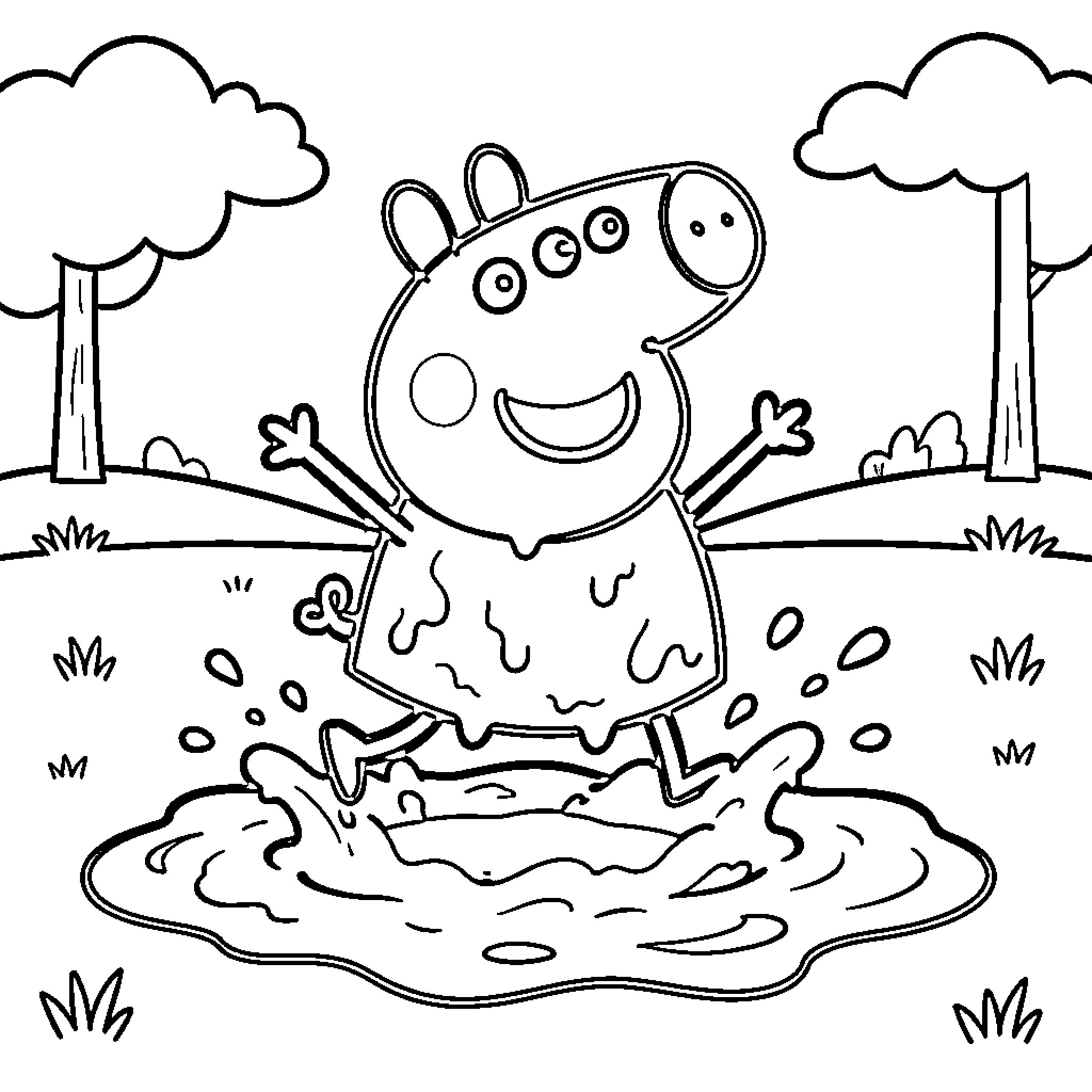 Peppa Pig jumping joyfully in a muddy puddle Coloring Page (free black-and-white line drawing printable PDF for all, from beginners to advanced learners, including children, teens, adults, and seniors)