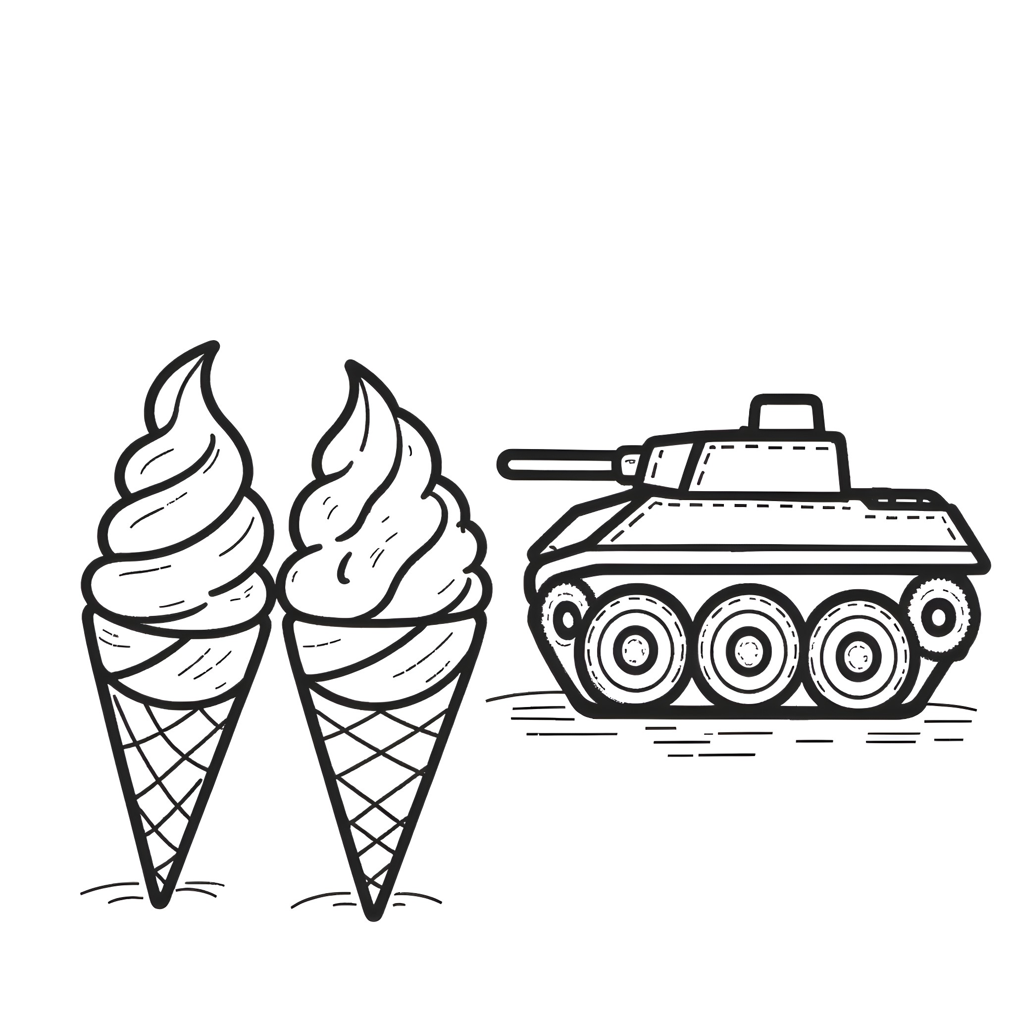 Ice Cream Cones and Army Tank Coloring Page (free black-and-white line drawing printable PDF for all, from beginners to advanced learners, including children, teens, adults, and seniors)