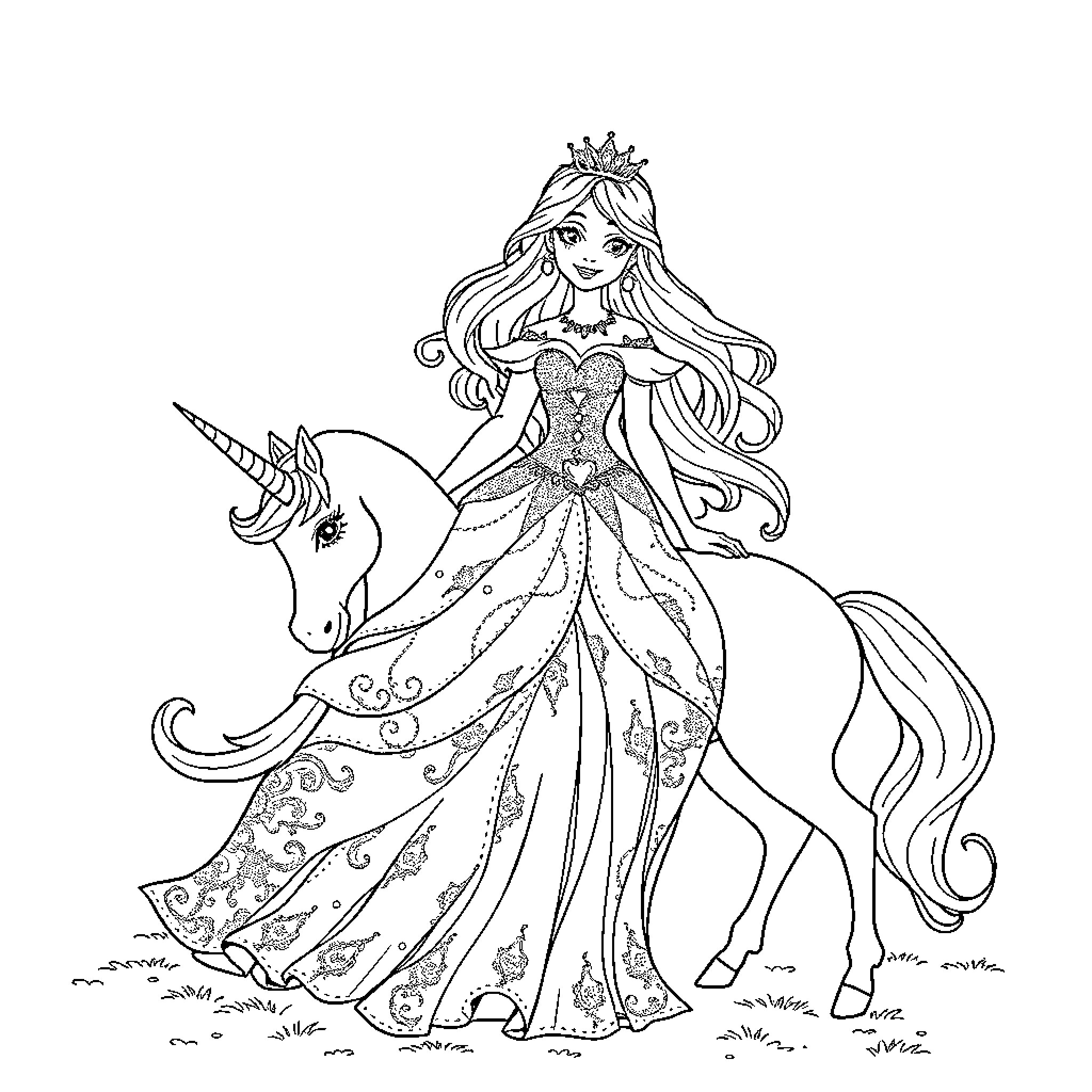 Princess in Elegant Gown Riding Majestic Unicorn Coloring Page (free black-and-white line drawing printable PDF for all, from beginners to advanced learners, including children, teens, adults, and seniors)