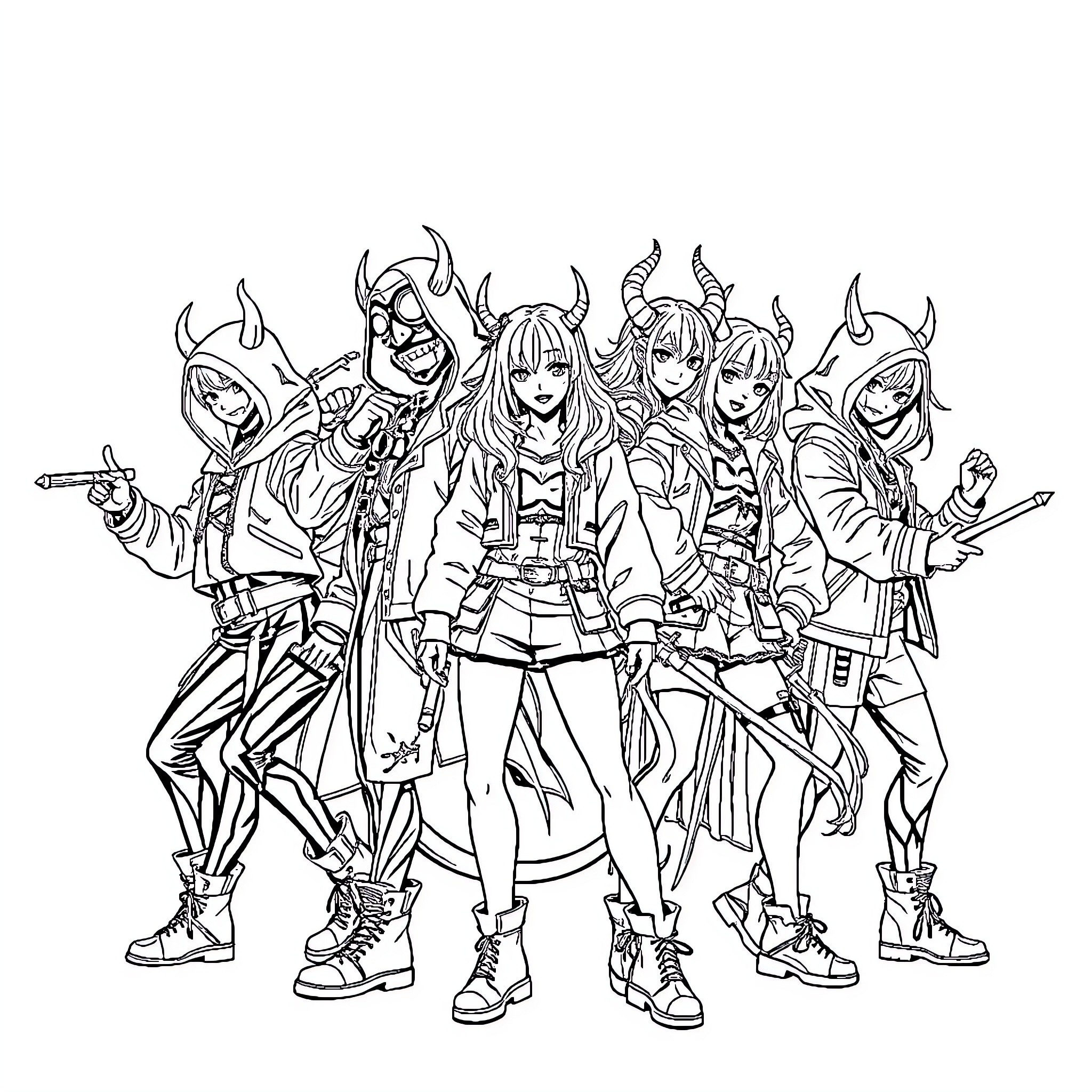 Demon Hunters in Action-Packed Attire Coloring Page (free black-and-white line drawing printable PDF for all, from beginners to advanced learners, including children, teens, adults, and seniors)