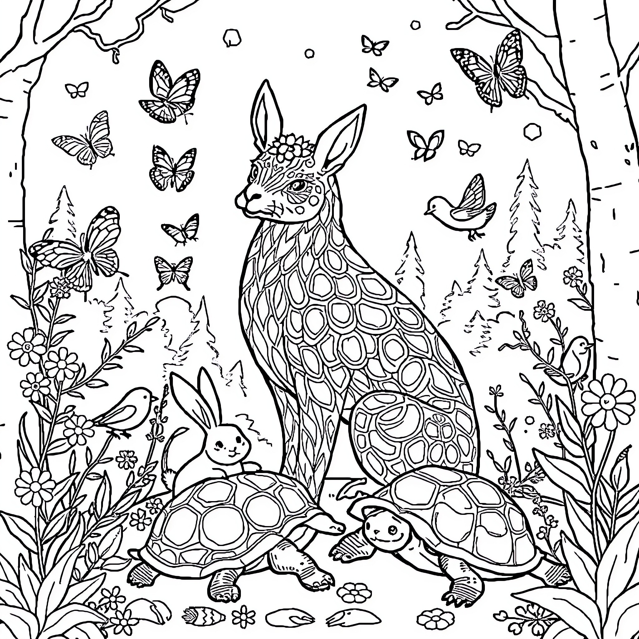 Unicorn Rabbit and Turtle in Enchanted Forest Coloring Page (free black-and-white line drawing printable PDF for all, from beginners to advanced learners, including children, teens, adults, and seniors)