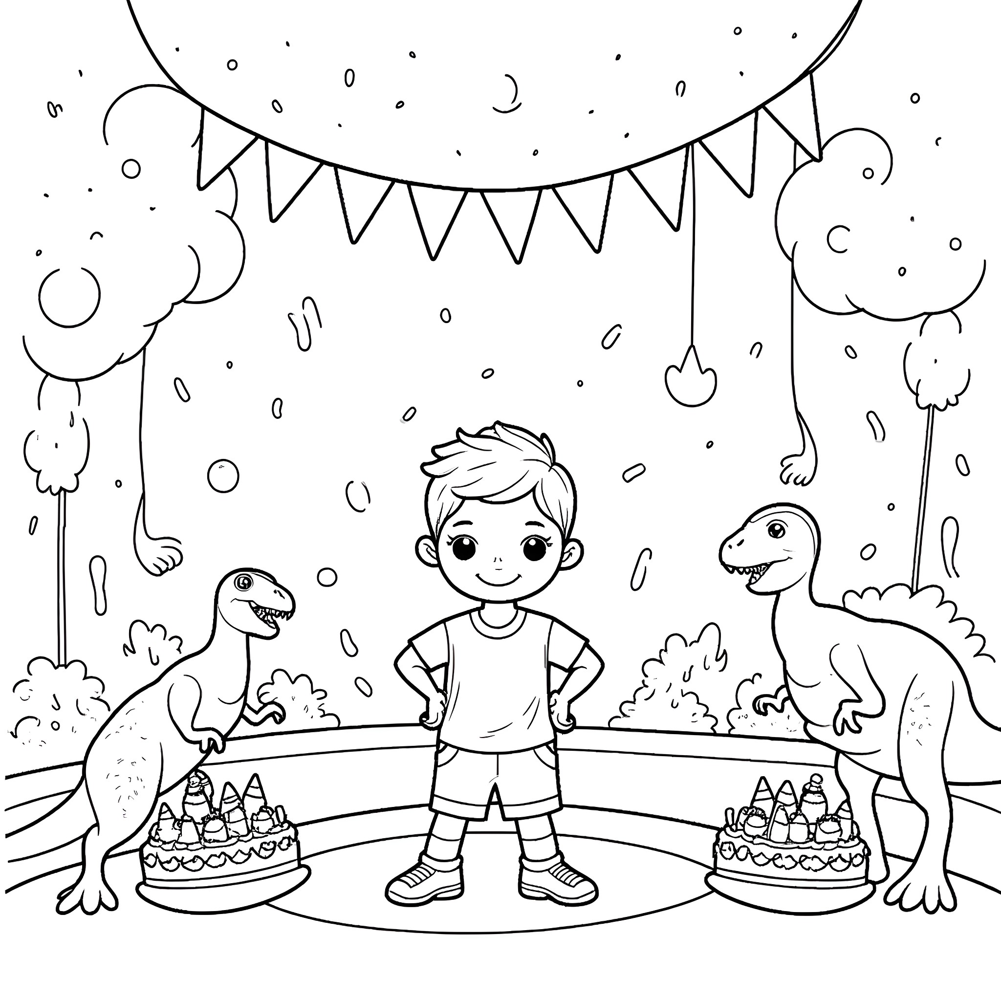 Boy celebrating birthday with dinosaurs Coloring Page (free black-and-white line drawing printable PDF for all, from beginners to advanced learners, including children, teens, adults, and seniors)