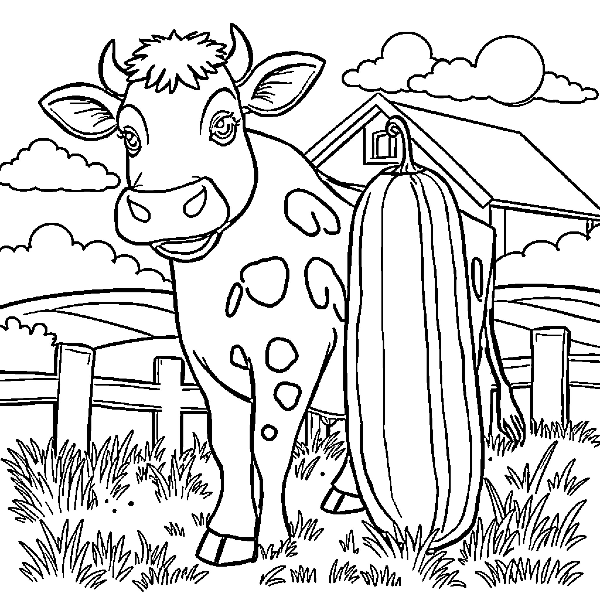 Cow looking cheerful on the farm Coloring Page (free black-and-white line drawing printable PDF for all, from beginners to advanced learners, including children, teens, adults, and seniors)