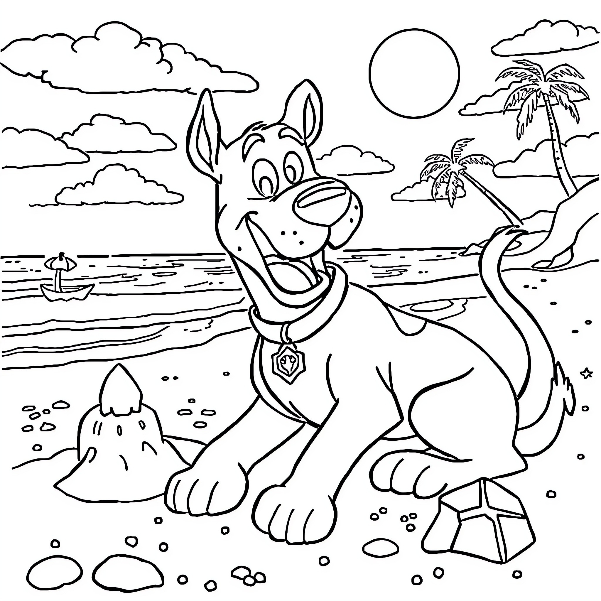 Scooby Doo's Beach Adventure Coloring Page (free black-and-white line drawing printable PDF for all, from beginners to advanced learners, including children, teens, adults, and seniors)