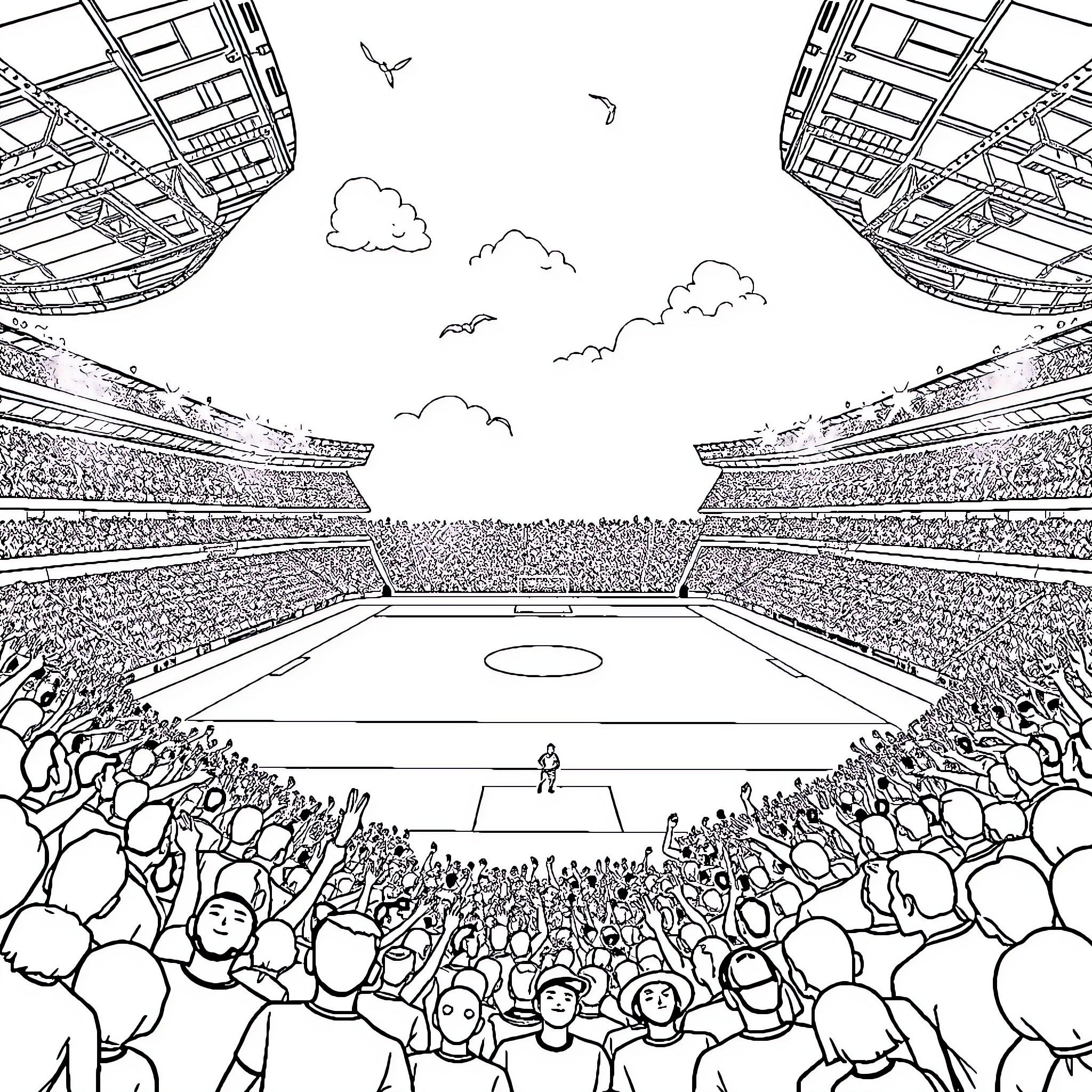 Soccer stadium filled with cheering fans Coloring Page (free black-and-white line drawing printable PDF for all, from beginners to advanced learners, including children, teens, adults, and seniors)