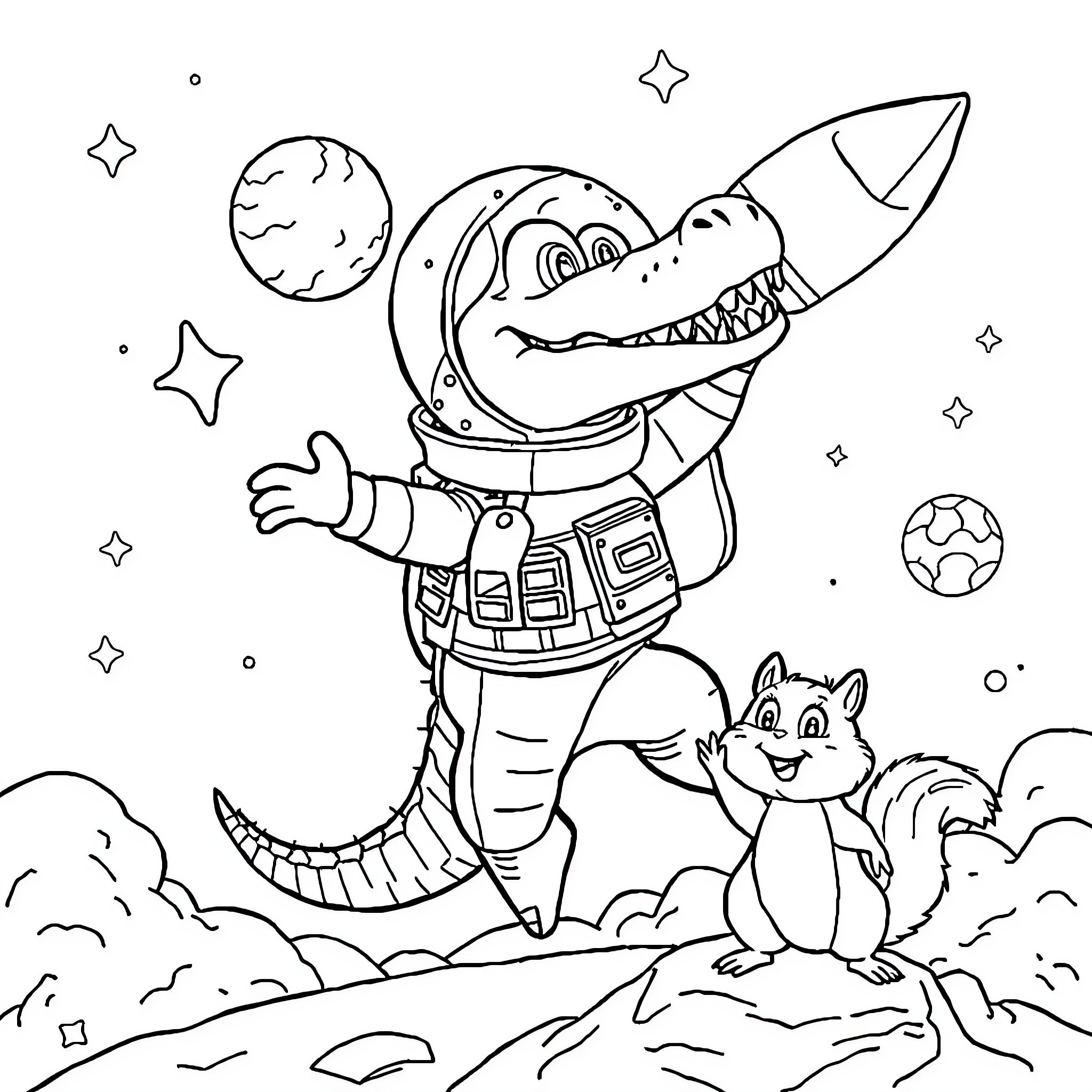 Alligator astronaut exploring space with squirrel companion Coloring Page (free black-and-white line drawing printable PDF for all, from beginners to advanced learners, including children, teens, adults, and seniors)