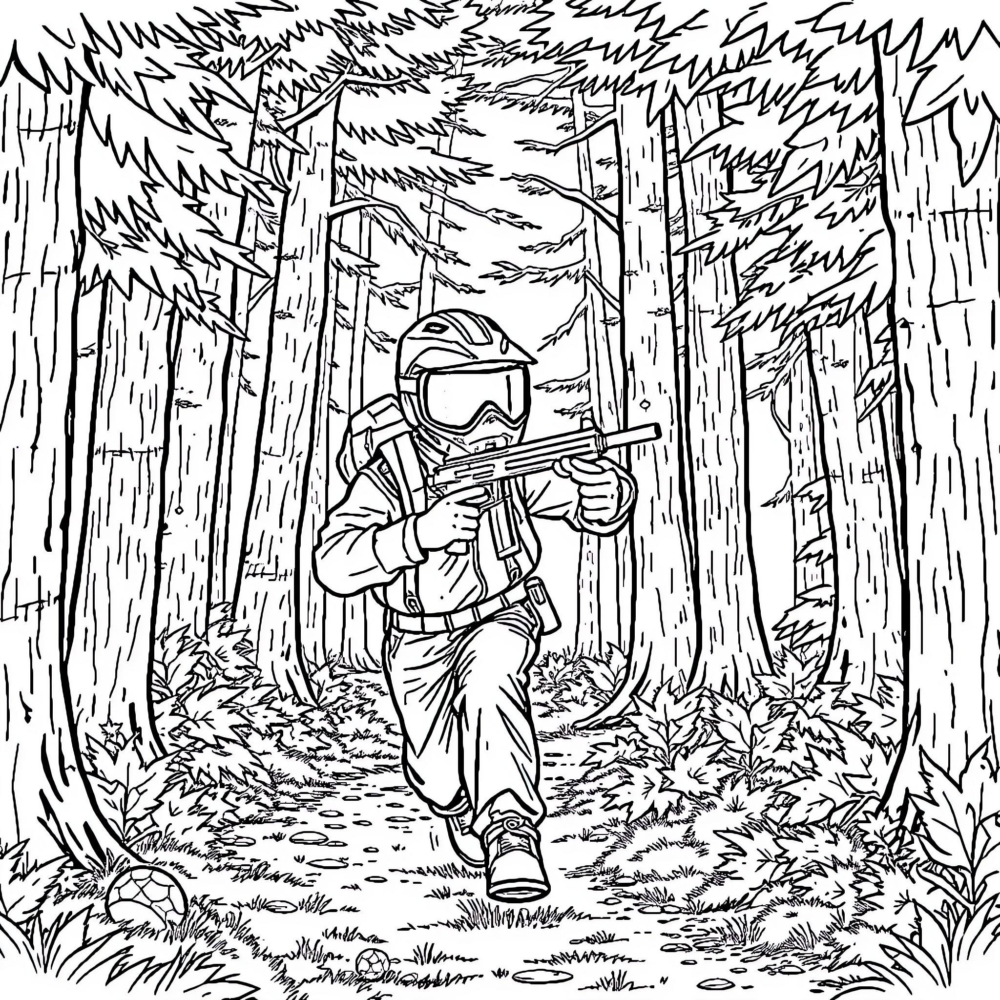 Boy exploring the wilderness with tactical gear Coloring Page (free black-and-white line drawing printable PDF for all, from beginners to advanced learners, including children, teens, adults, and seniors)