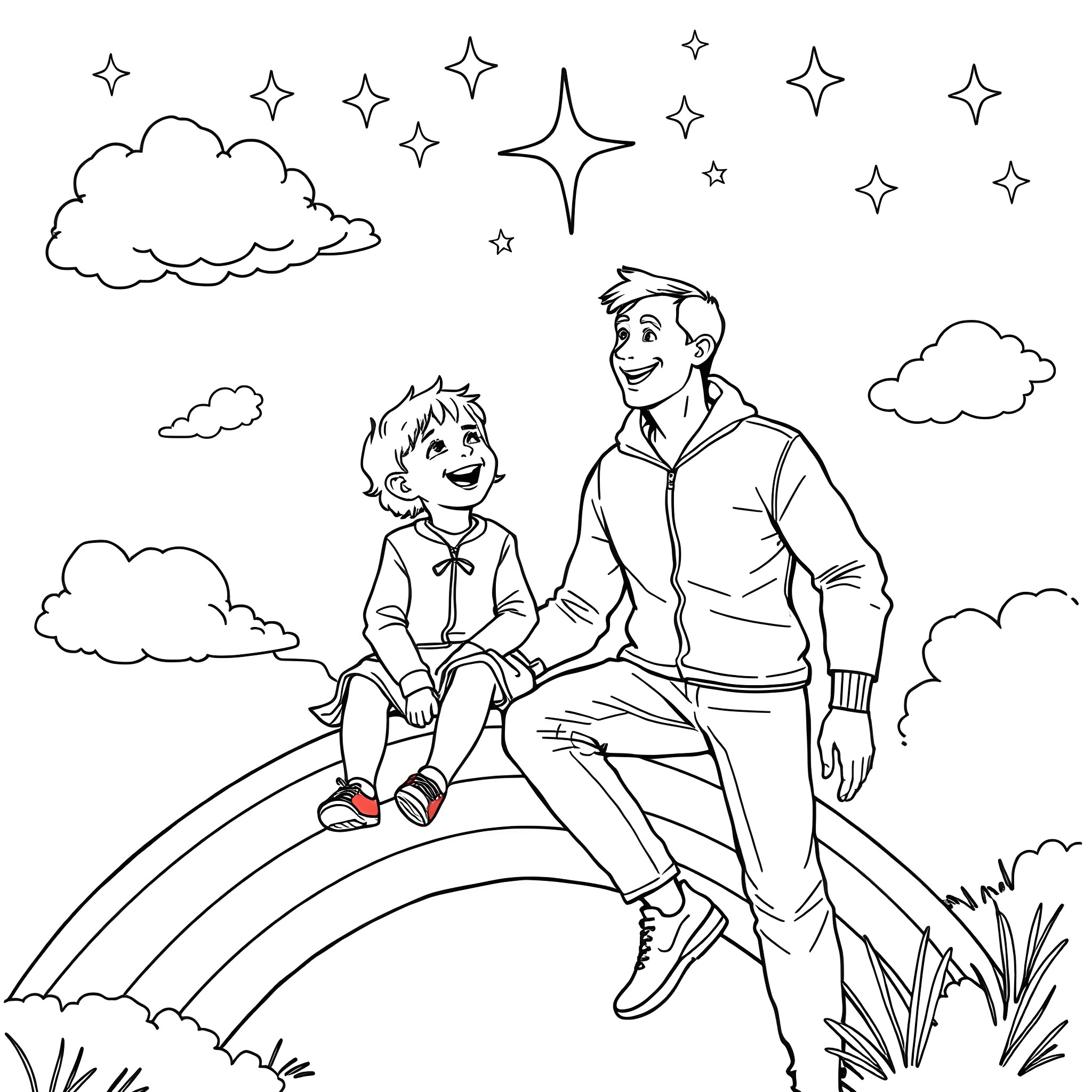 Child and Father Enjoying Outdoor Adventure Coloring Page (free black-and-white line drawing printable PDF for all, from beginners to advanced learners, including children, teens, adults, and seniors)