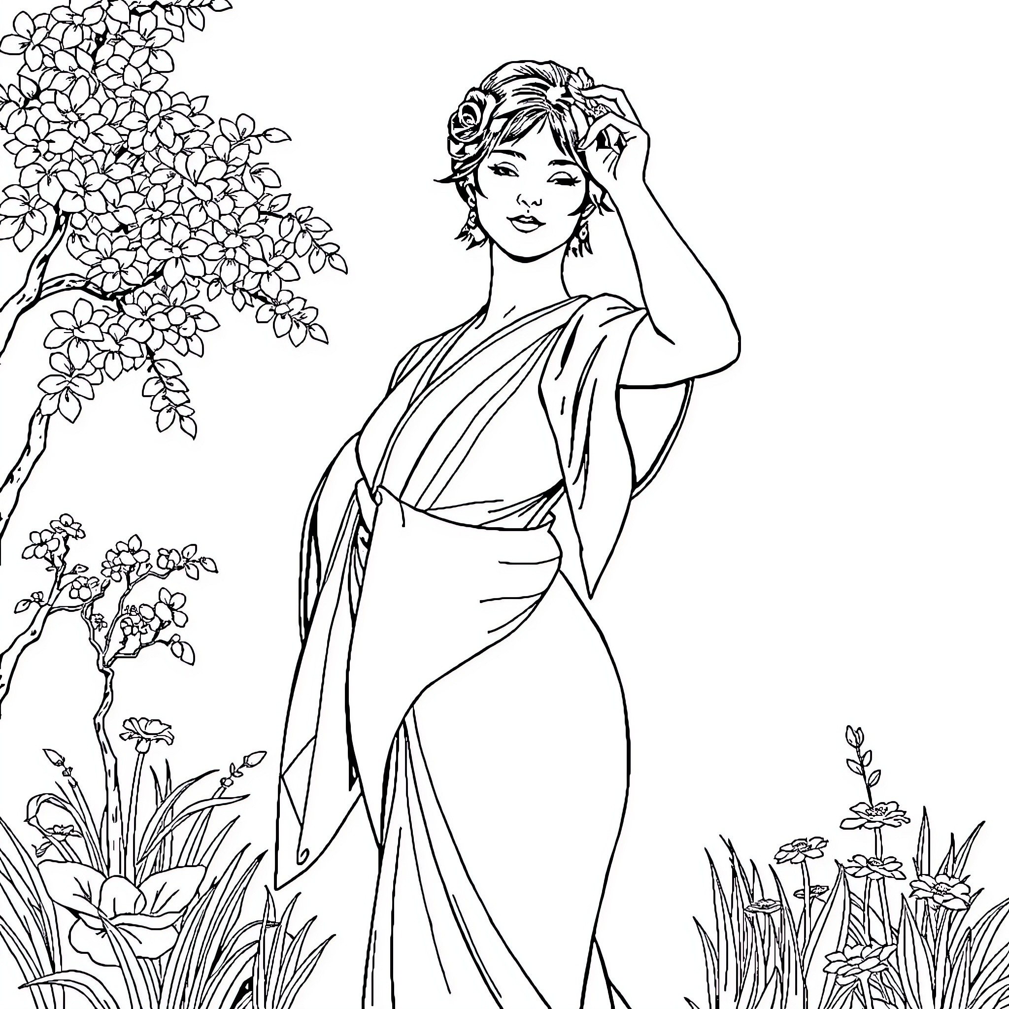Woman in elegant dress amid floral surroundings Coloring Page (free black-and-white line drawing printable PDF for all, from beginners to advanced learners, including children, teens, adults, and seniors)