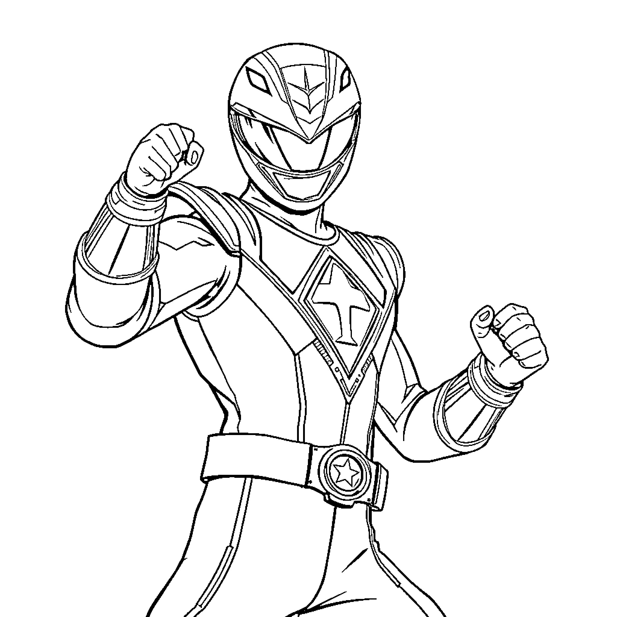 Power Ranger heroically posing in action stance Coloring Page (free black-and-white line drawing printable PDF for all, from beginners to advanced learners, including children, teens, adults, and seniors)