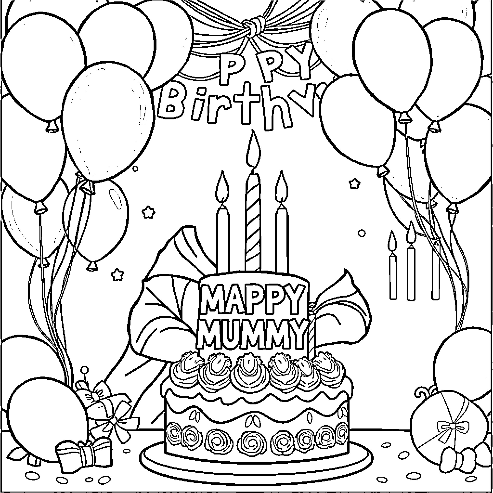 Mummy's Happy Birthday Party with Balloons and Cake Coloring Page (free black-and-white line drawing printable PDF for all, from beginners to advanced learners, including children, teens, adults, and seniors)