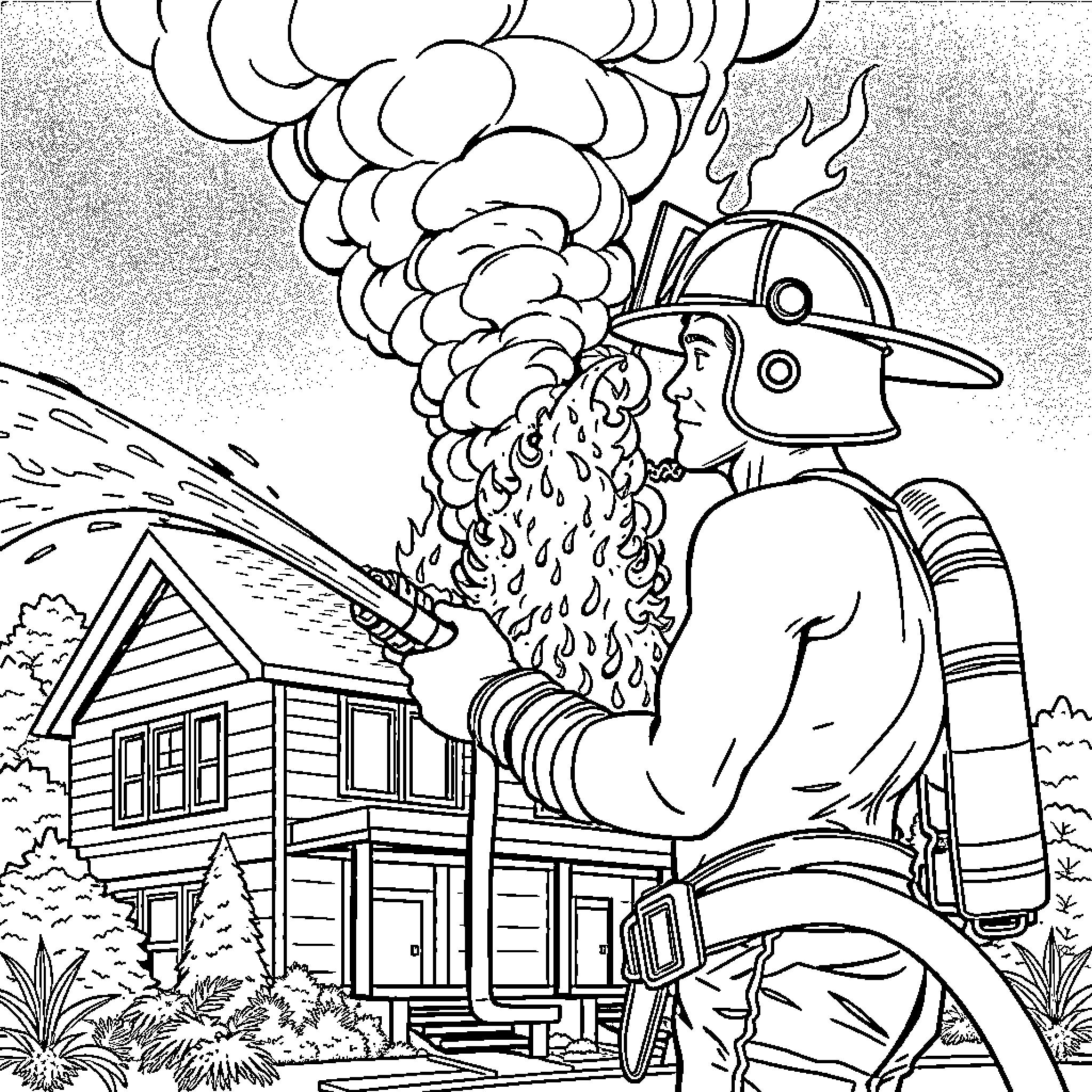 Firefighter battling blaze at burning house Coloring Page (free black-and-white line drawing printable PDF for all, from beginners to advanced learners, including children, teens, adults, and seniors)