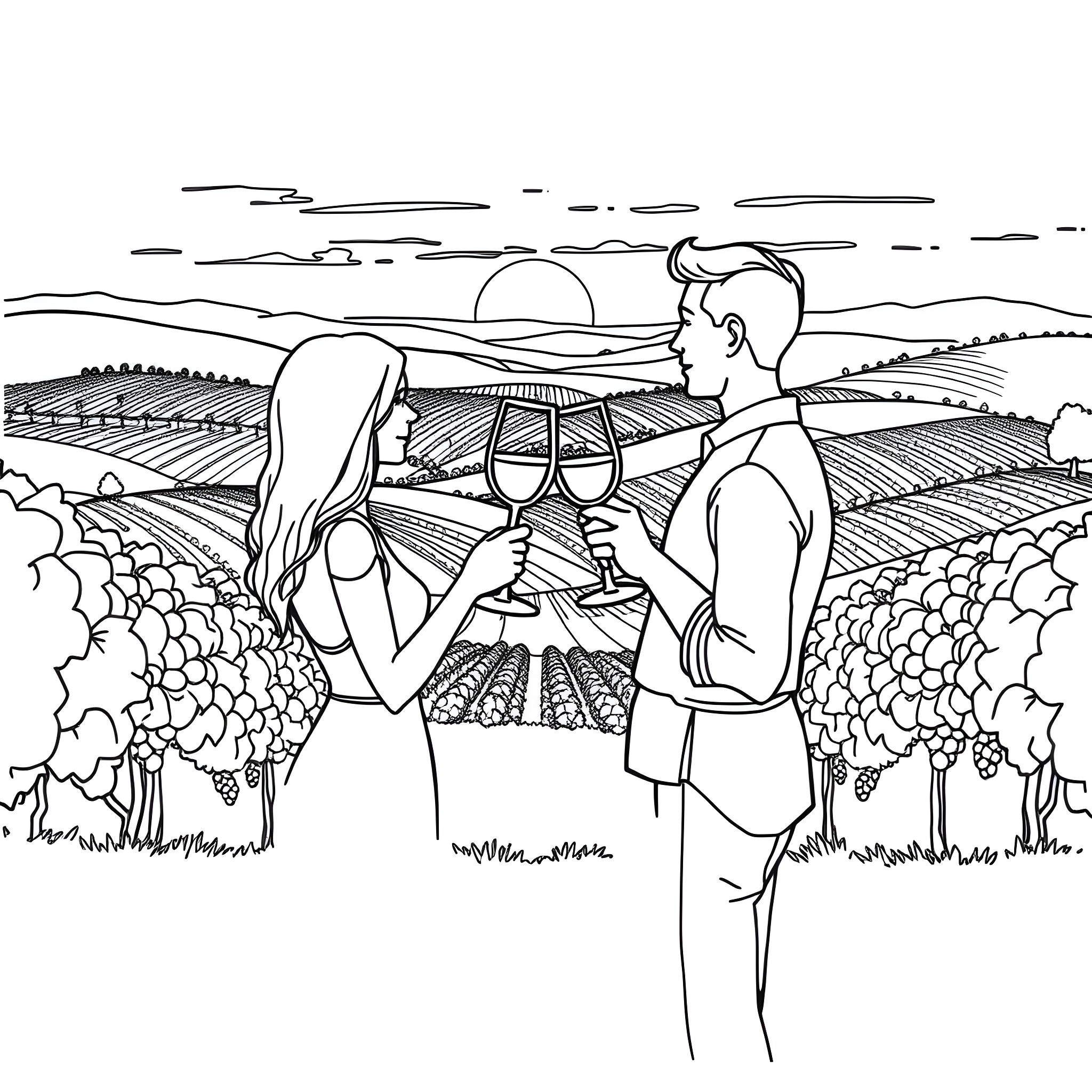 Couple enjoying wine and sunset in vineyard Coloring Page (free black-and-white line drawing printable PDF for all, from beginners to advanced learners, including children, teens, adults, and seniors)