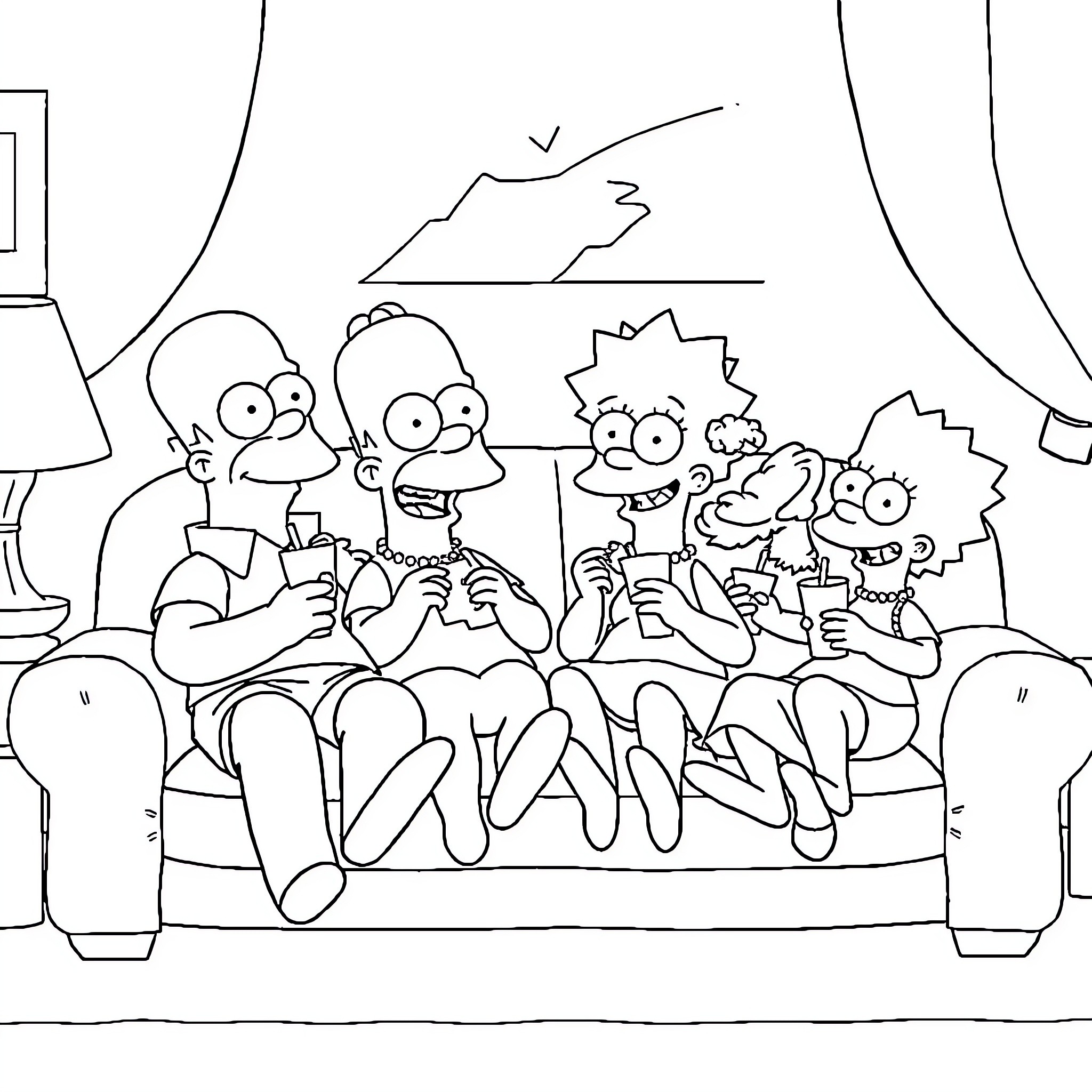 Simpson family relaxing on the couch Coloring Page (free black-and-white line drawing printable PDF for all, from beginners to advanced learners, including children, teens, adults, and seniors)
