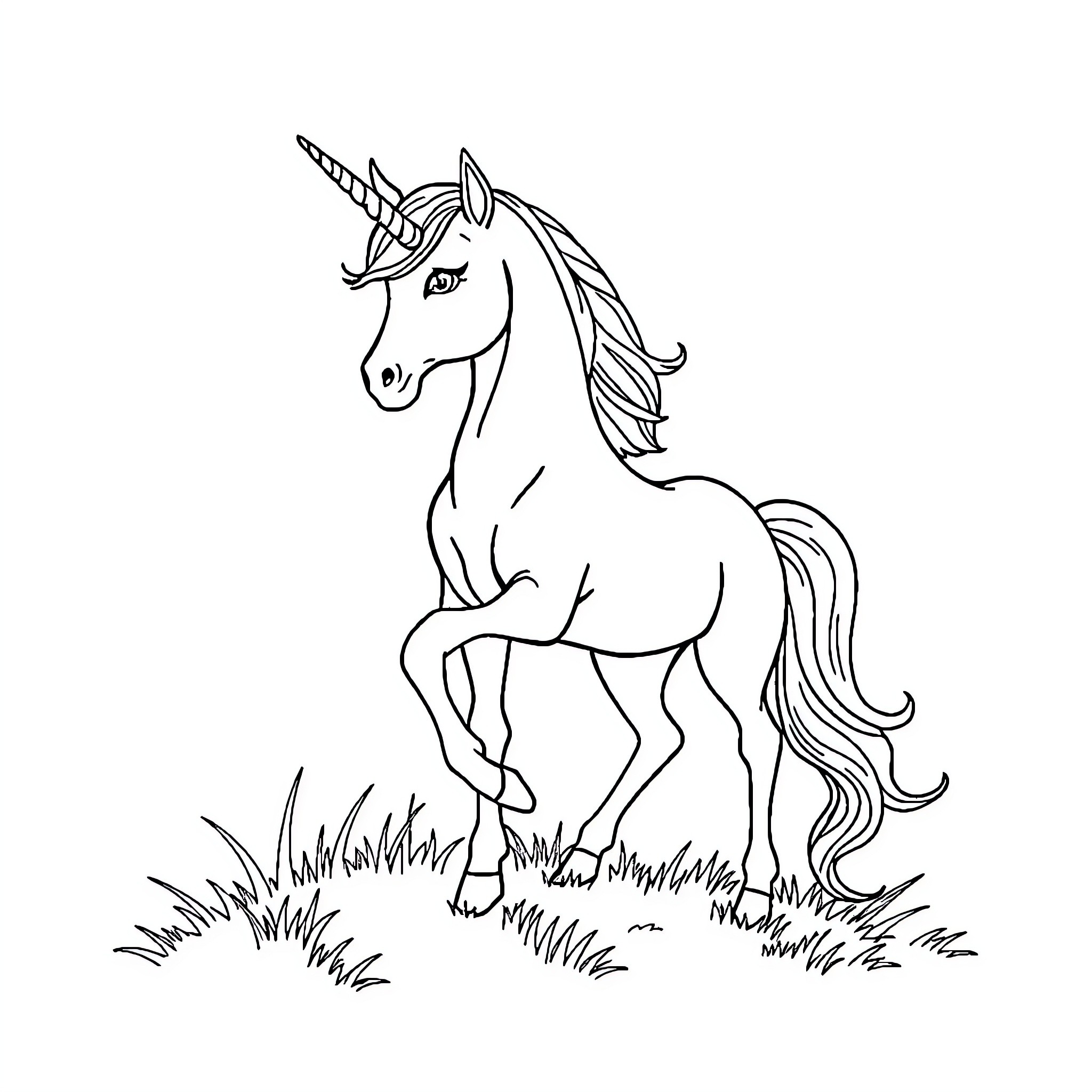 Unicorn running gracefully through the meadow Coloring Page (free black-and-white line drawing printable PDF for all, from beginners to advanced learners, including children, teens, adults, and seniors)