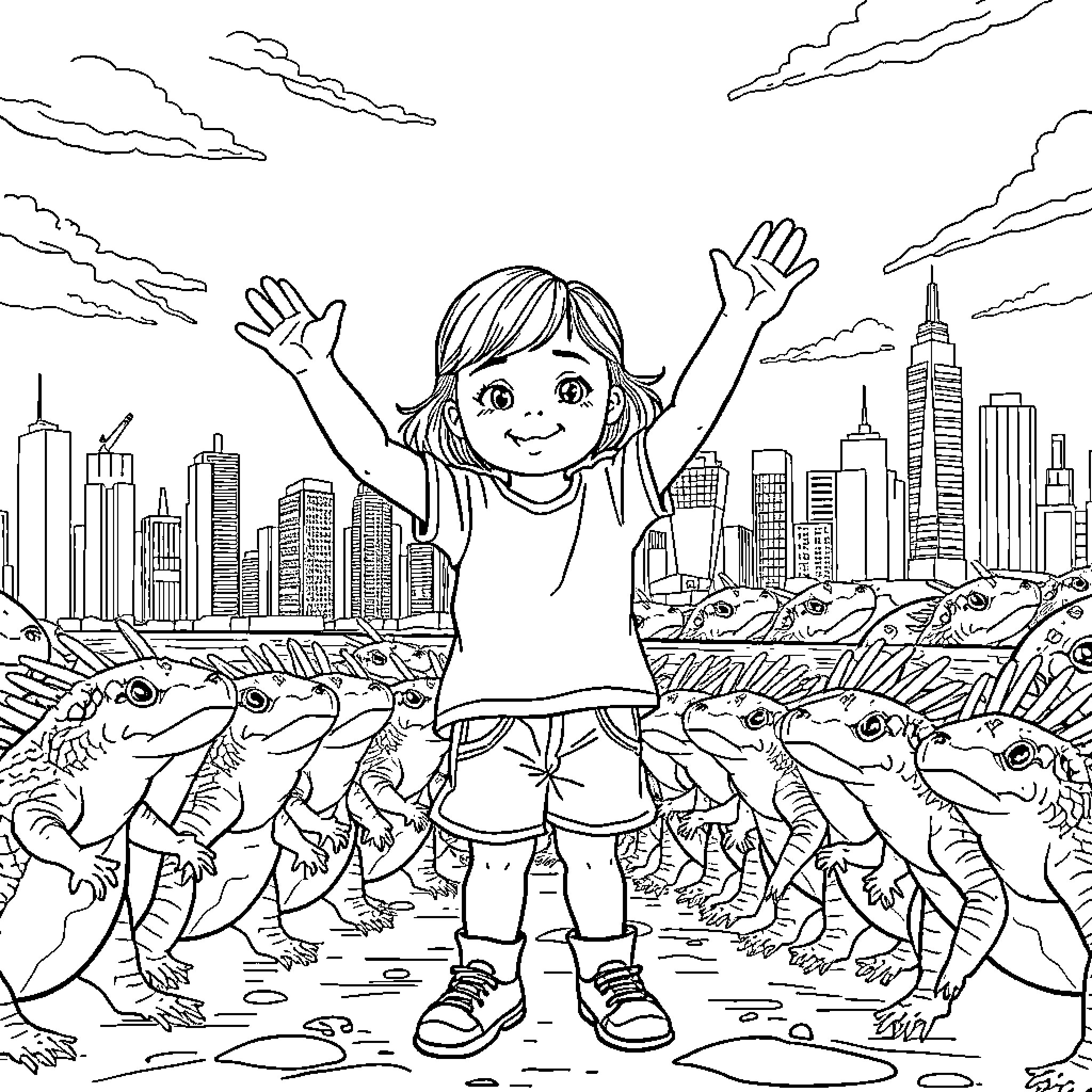 Girl celebrates with arms raised in cityscape surrounded by fish Coloring Page (free black-and-white line drawing printable PDF for all, from beginners to advanced learners, including children, teens, adults, and seniors)