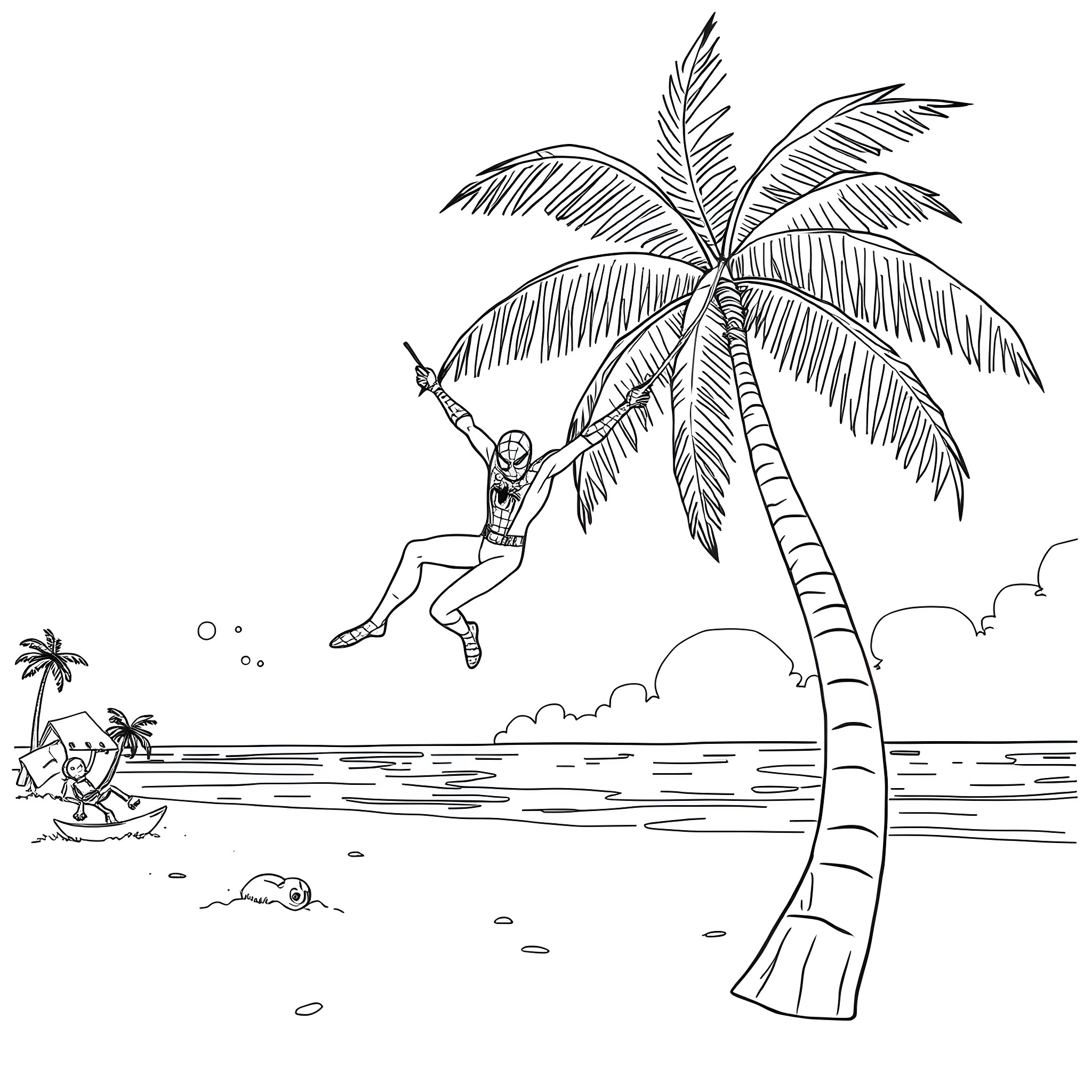 Spiderman swinging through the tropical paradise Coloring Page (free black-and-white line drawing printable PDF for all, from beginners to advanced learners, including children, teens, adults, and seniors)