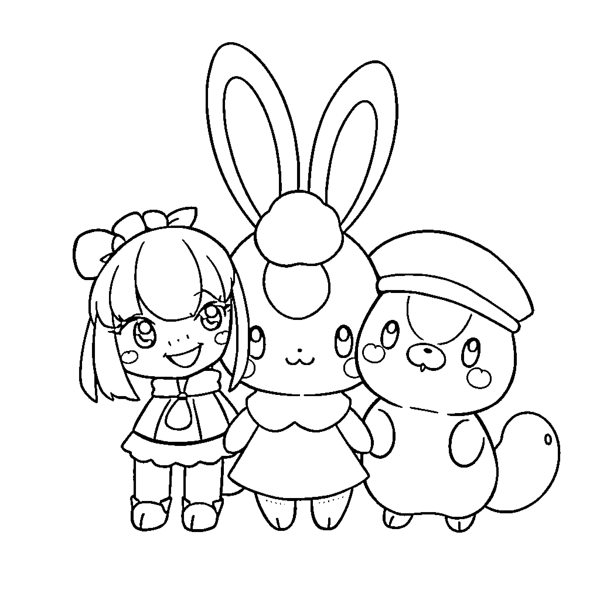 Kuromi and friends enjoying a playful moment Coloring Page (free black-and-white line drawing printable PDF for all, from beginners to advanced learners, including children, teens, adults, and seniors)
