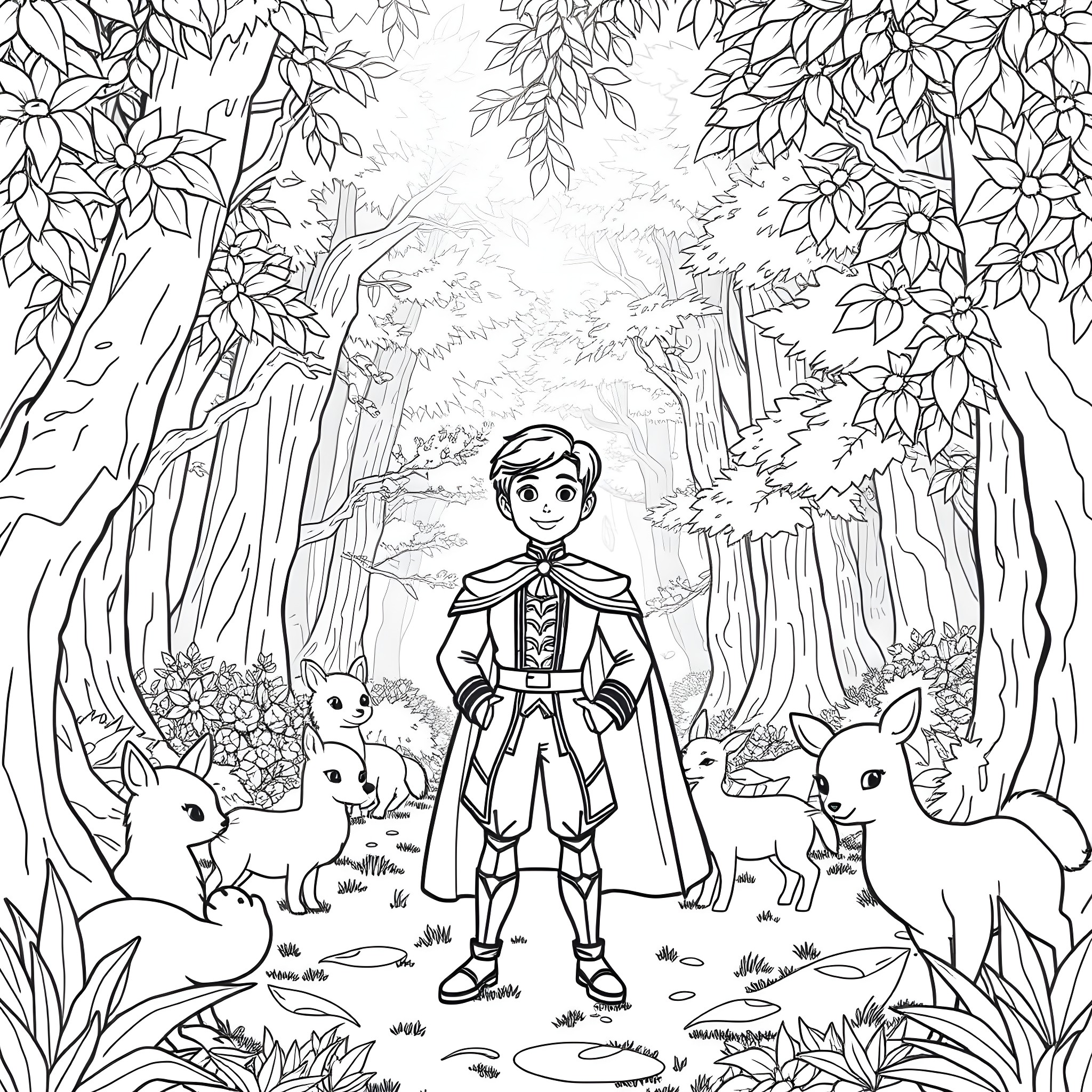 Prince Exploring the Enchanted Forest with Woodland Creatures Coloring Page (free black-and-white line drawing printable PDF for all, from beginners to advanced learners, including children, teens, adults, and seniors)