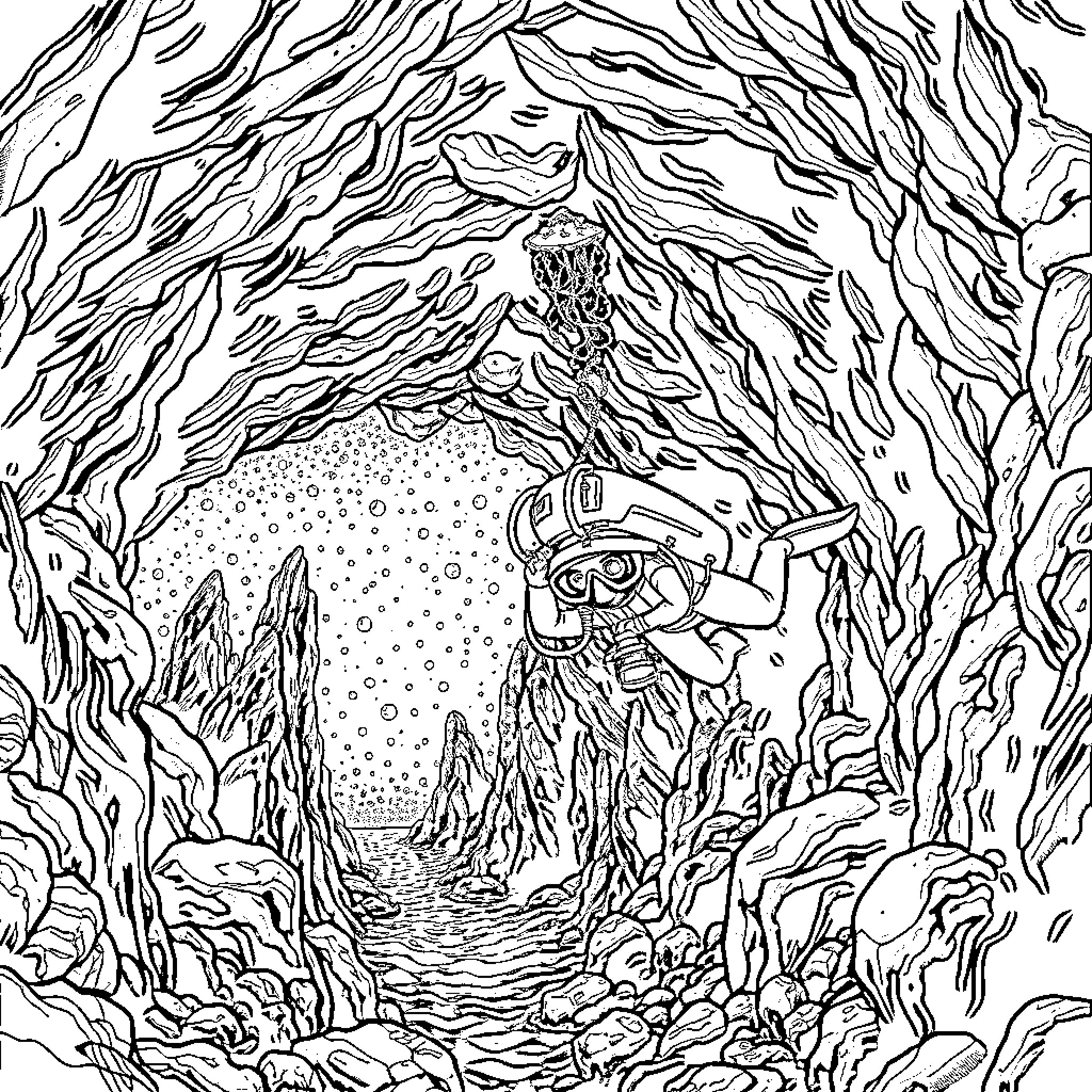 Scuba Diver Explores Underwater Cave Teeming with Life Coloring Page (free black-and-white line drawing printable PDF for all, from beginners to advanced learners, including children, teens, adults, and seniors)