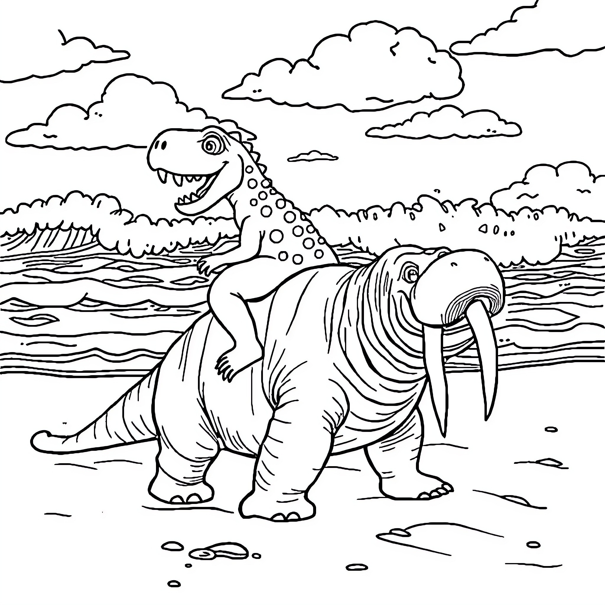 Dinosaurs roaming in the prehistoric landscape Coloring Page (free black-and-white line drawing printable PDF for all, from beginners to advanced learners, including children, teens, adults, and seniors)