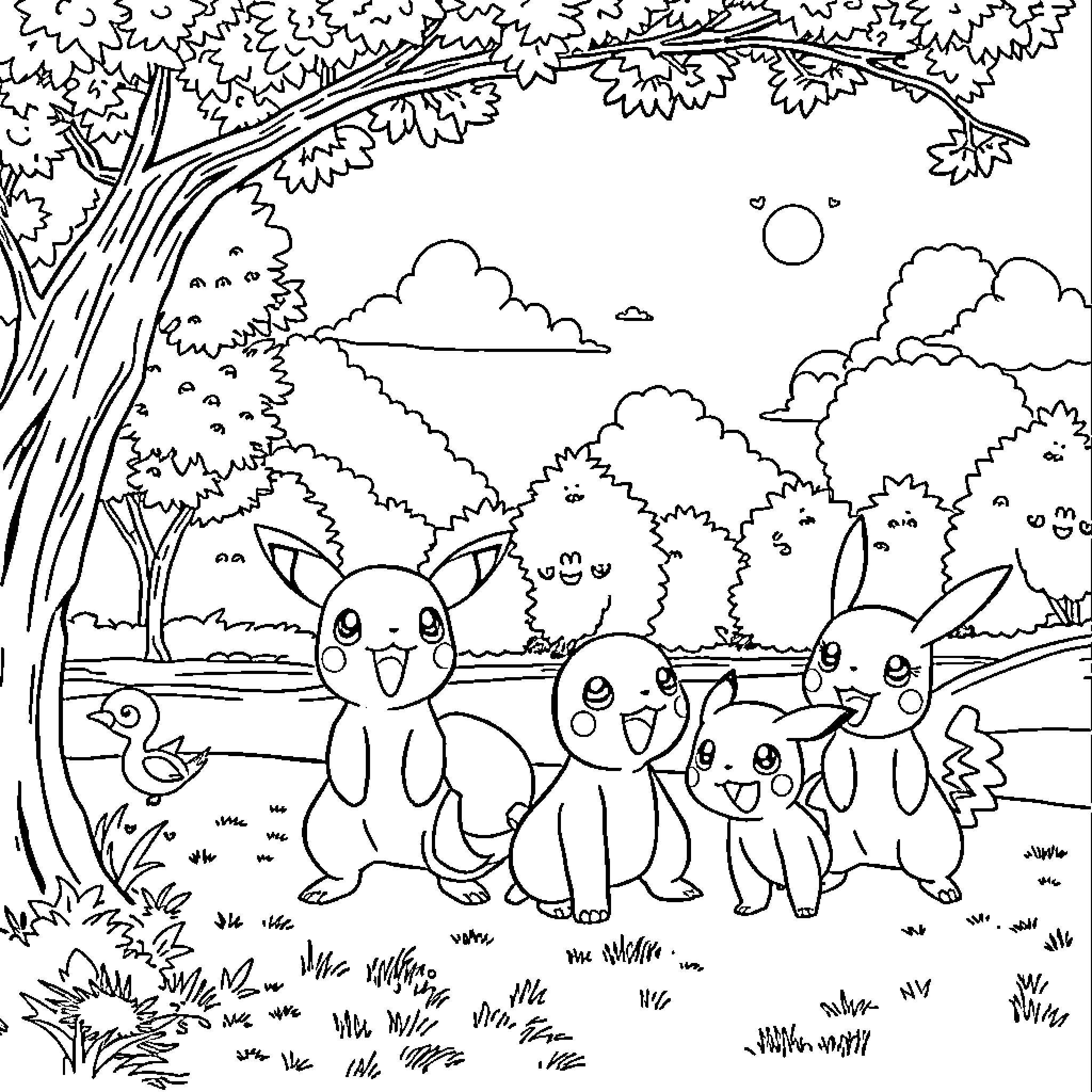 Pokémon characters playing in a forest scene Coloring Page (free black-and-white line drawing printable PDF for all, from beginners to advanced learners, including children, teens, adults, and seniors)