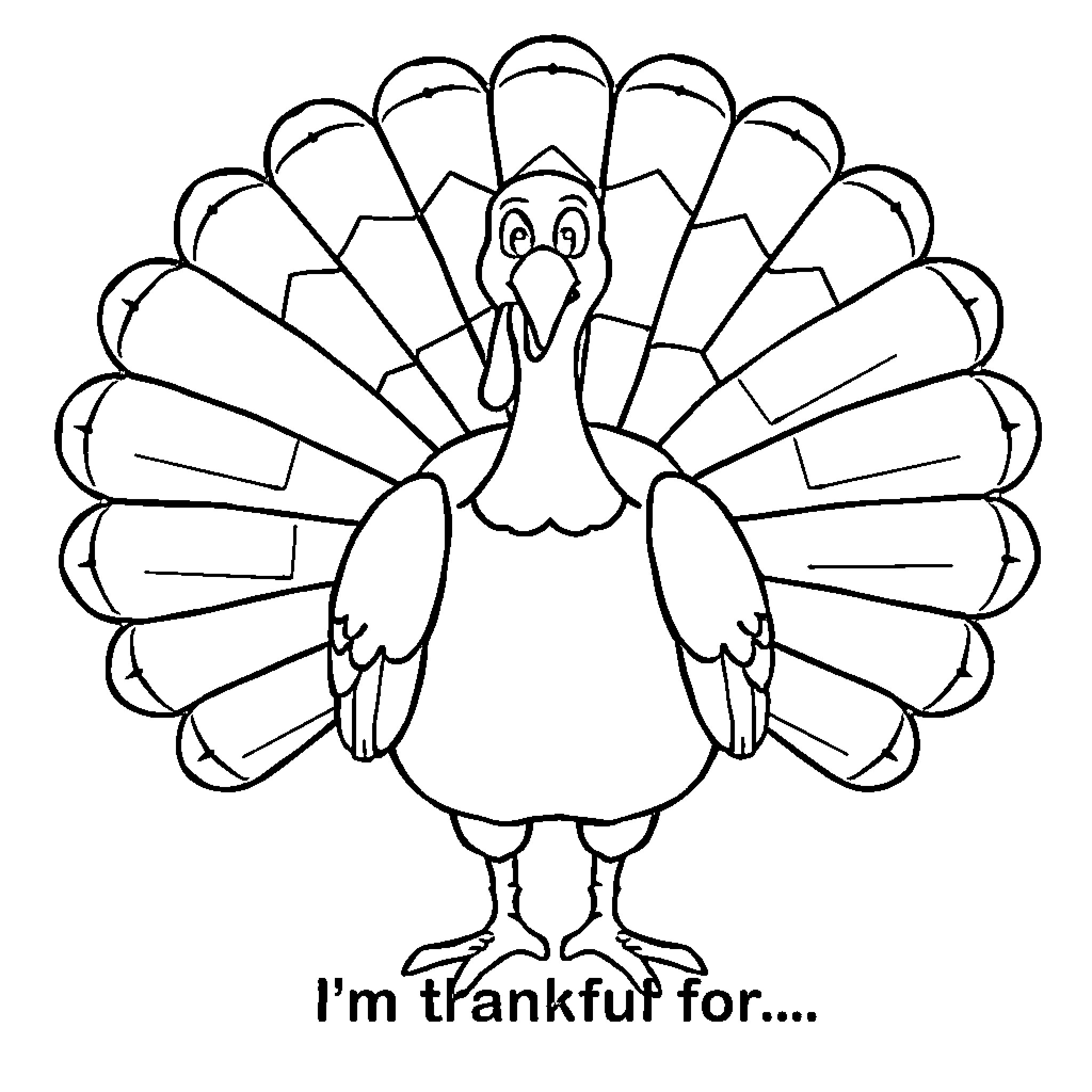 Turkey expressing thankfulness in a simple sketch Coloring Page (free black-and-white line drawing printable PDF for all, from beginners to advanced learners, including children, teens, adults, and seniors)