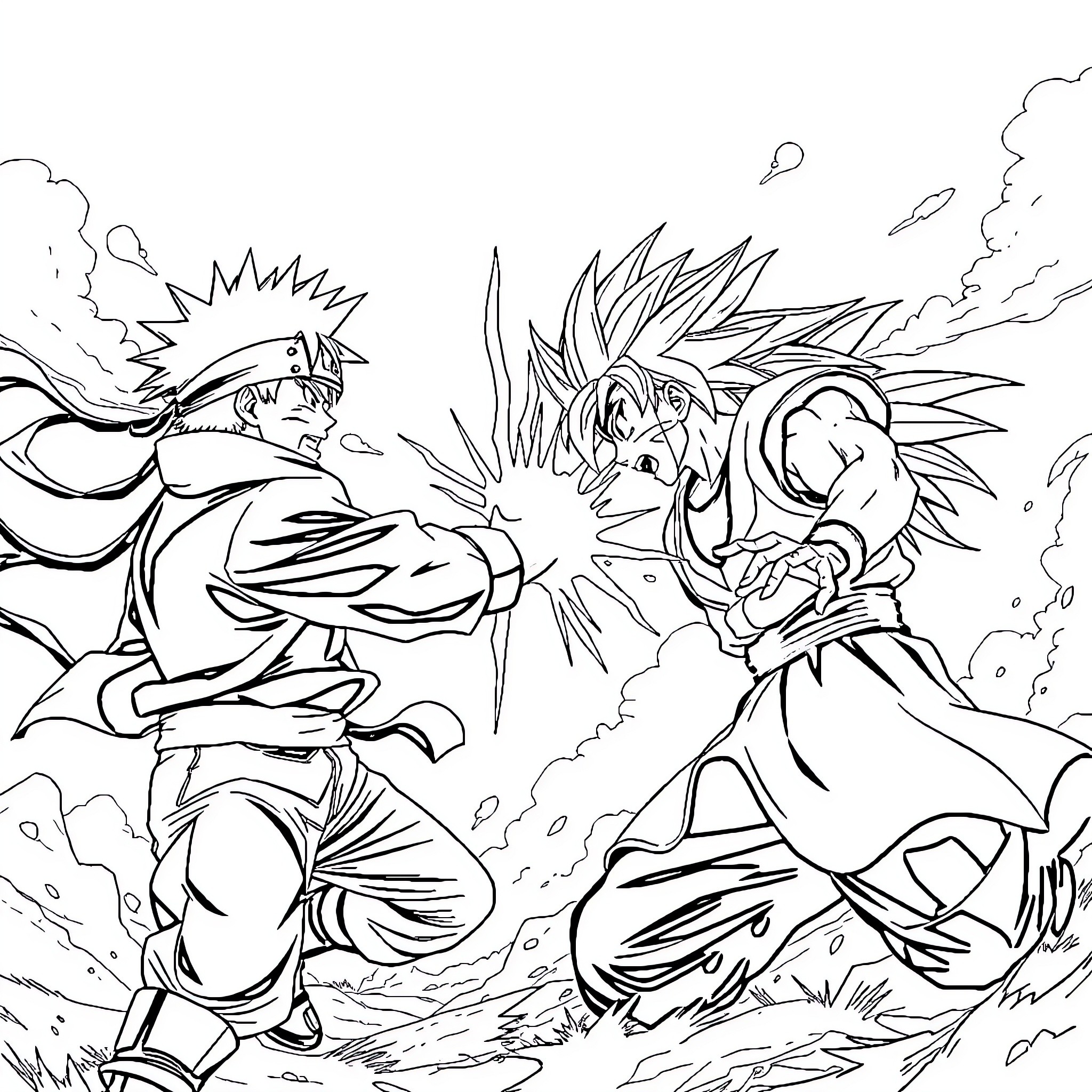 Naruto characters engaged in intense battle Coloring Page (free black-and-white line drawing printable PDF for all, from beginners to advanced learners, including children, teens, adults, and seniors)