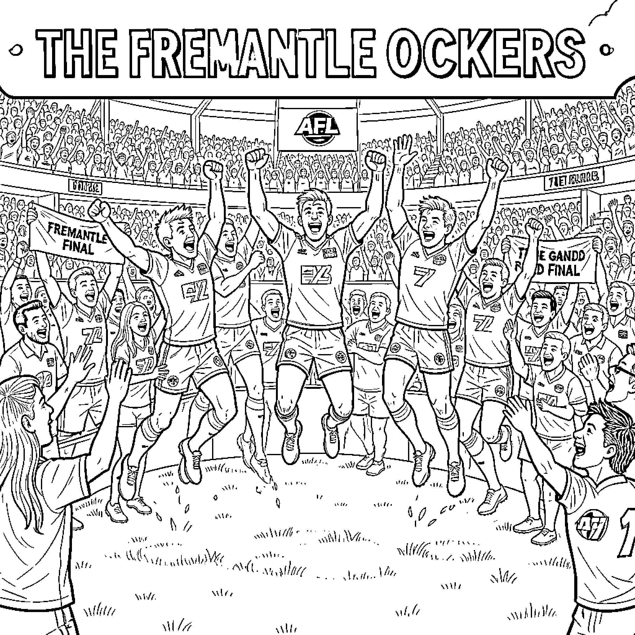 Fremantle Dockers players celebrating a victory with raised arms Coloring Page (free black-and-white line drawing printable PDF for all, from beginners to advanced learners, including children, teens, adults, and seniors)