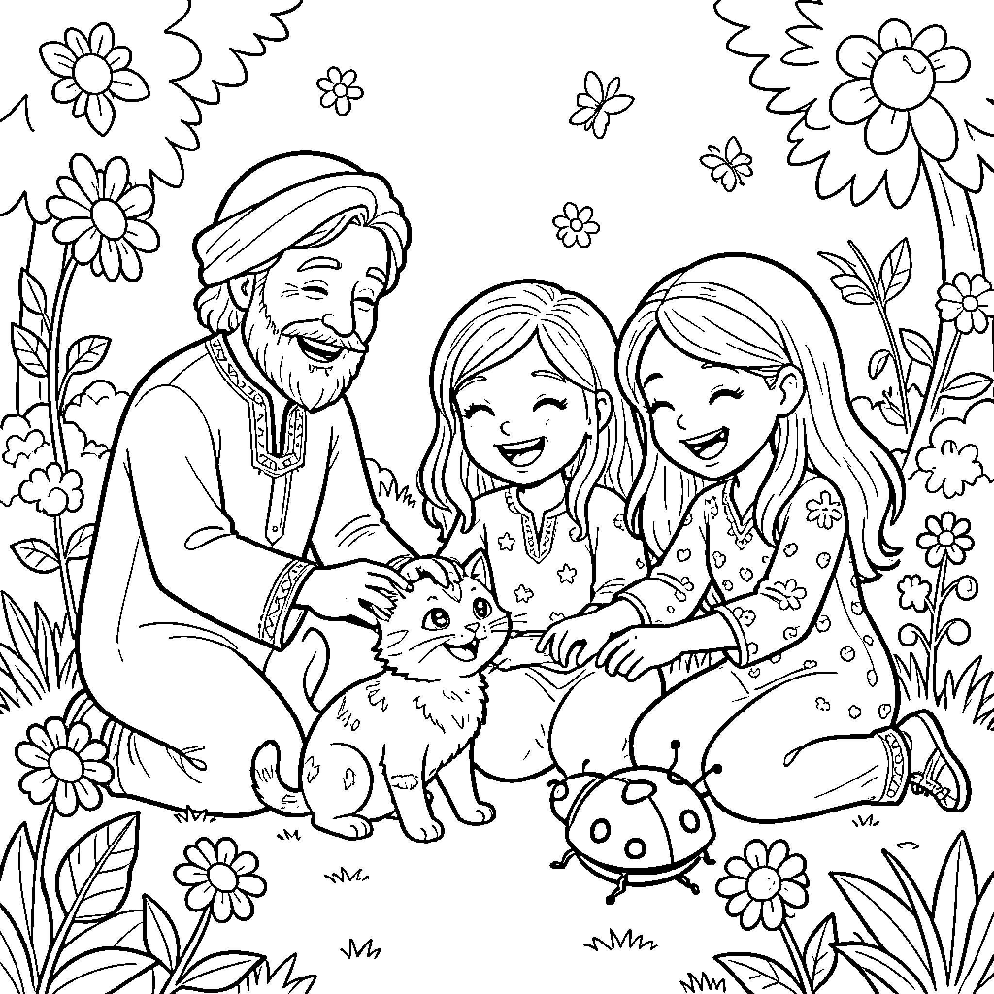 Rumi's Joyful Family Moment with Pets Coloring Page (free black-and-white line drawing printable PDF for all, from beginners to advanced learners, including children, teens, adults, and seniors)